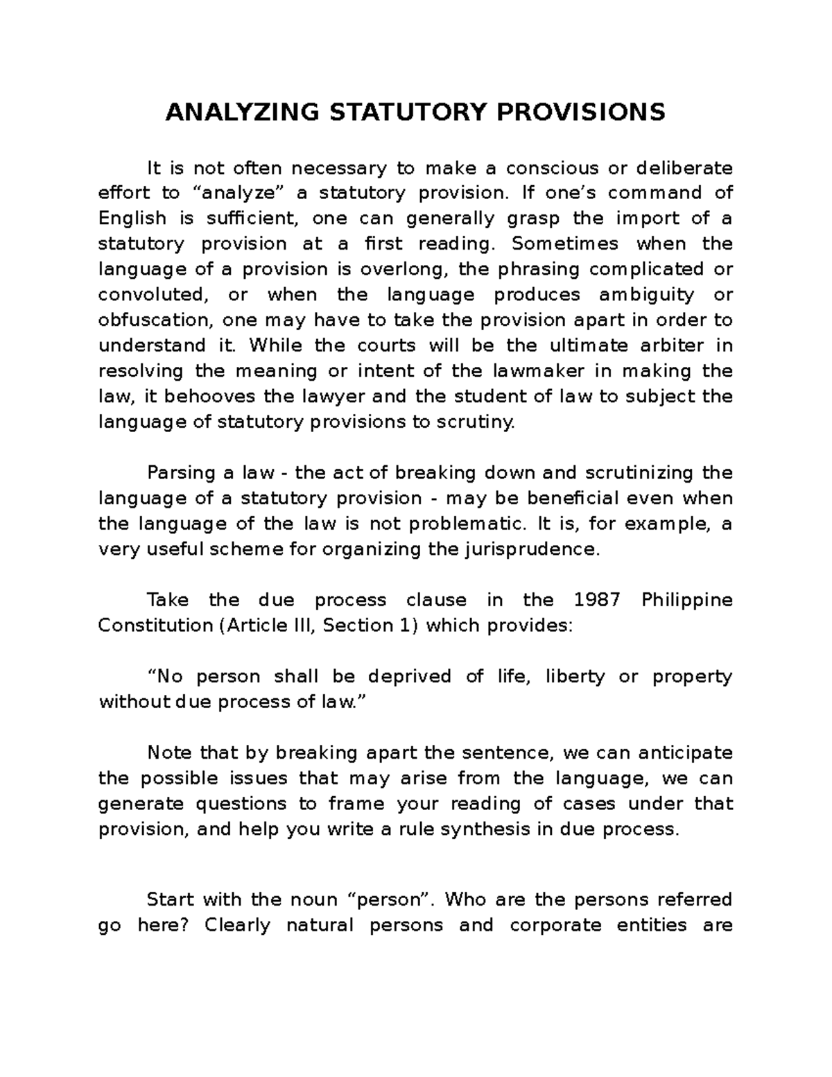 Analyzing Statuory Provisions - ANALYZING STATUTORY PROVISIONS It is ...