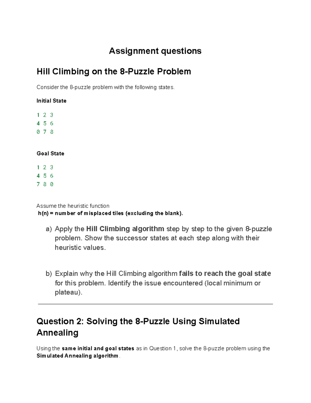 Assignment Questions on Hill Climbing & Simulated Annealing (CS101 ...