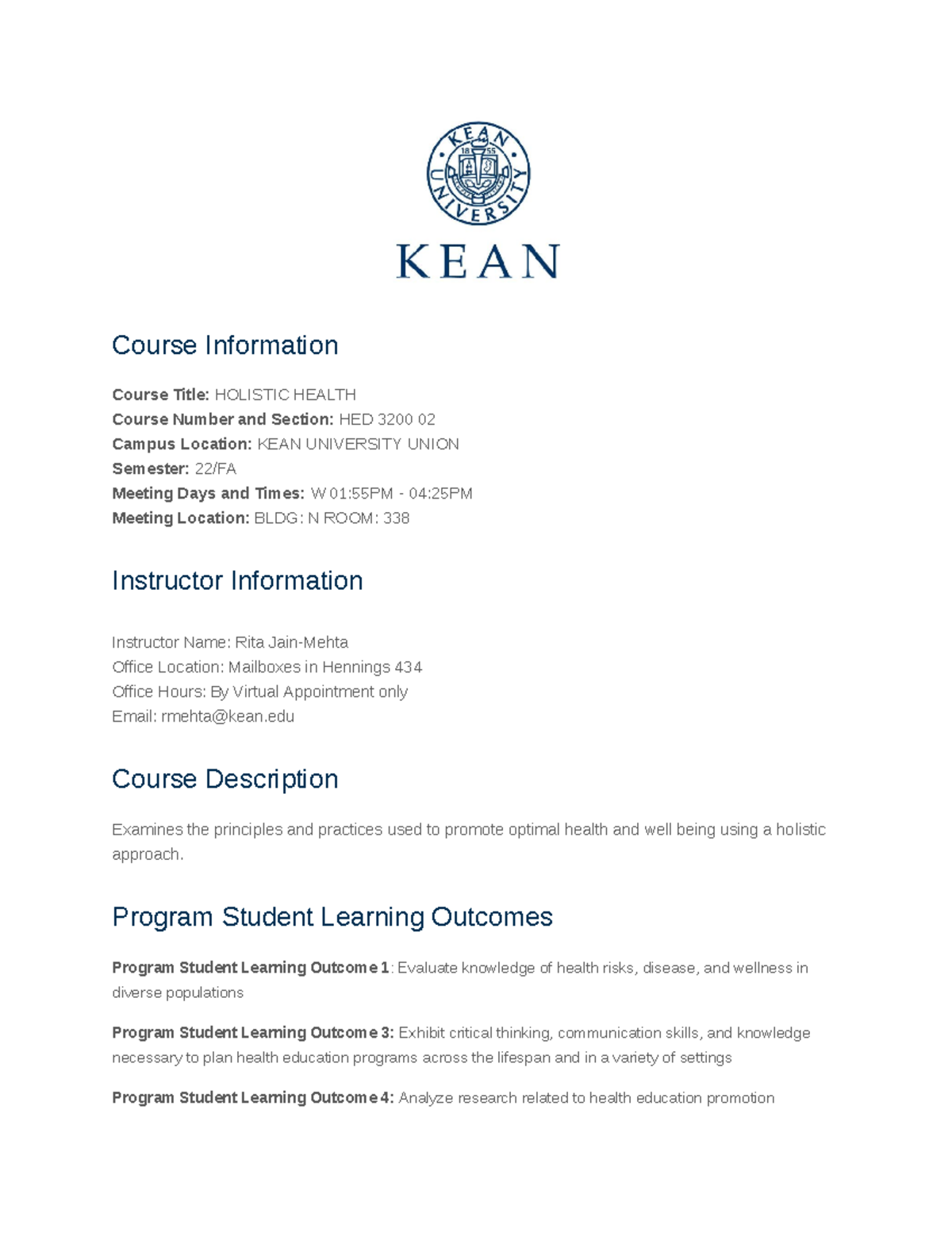 22 FA-HED-3200-02 - Overview of Holistic Health Course Syllabus - Studocu