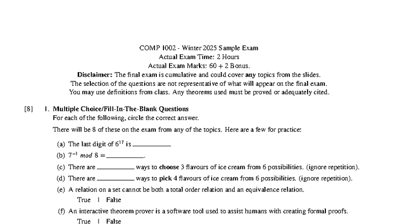 COMP 1002 Winter 2025 Practice Exam Sample Questions - Studocu