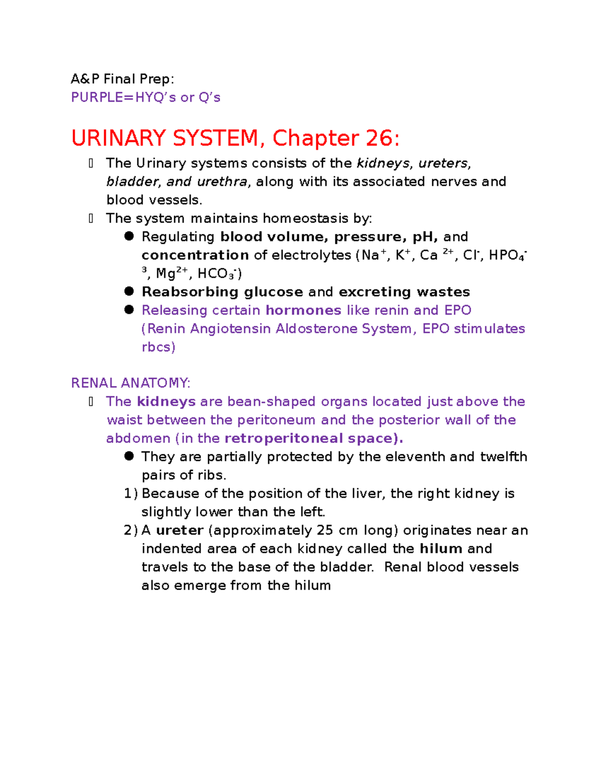 A&P2 Final Exam Notes: Urinary System Overview and Key Concepts - Studocu