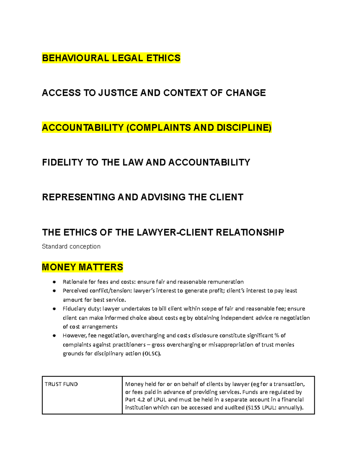 LAWS1230 - Comprehensive Final Notes on Behavioral Legal Ethics - Studocu