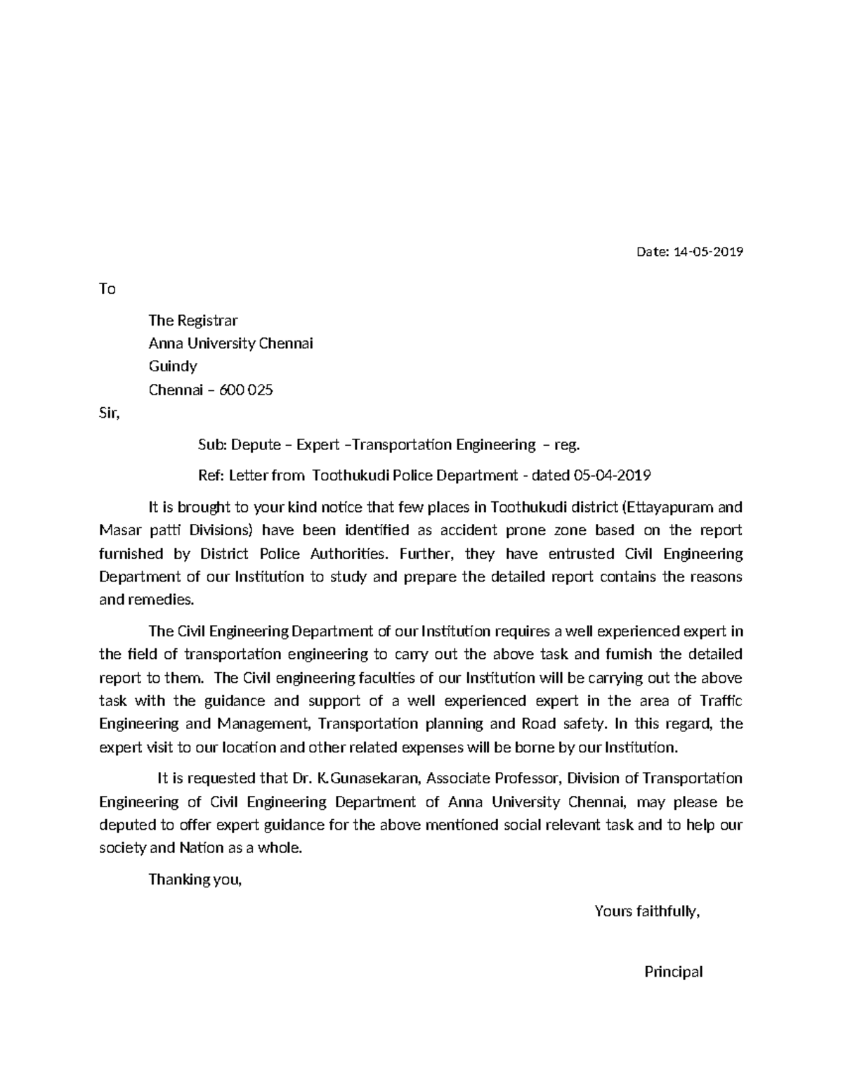 Anna Univ. Expert Deputation Request for Transportation Engineering ...