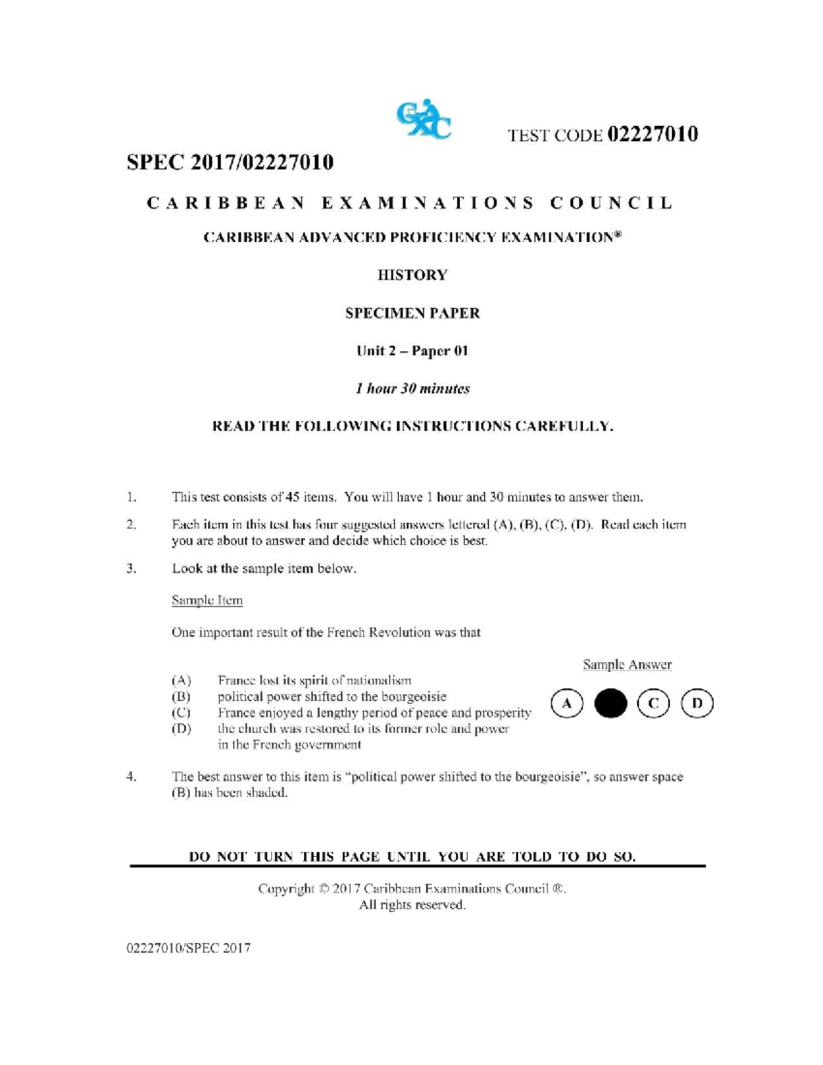 CAPE History Unit 2 Specimen Paper 01: Exam Instructions & Sample Items ...