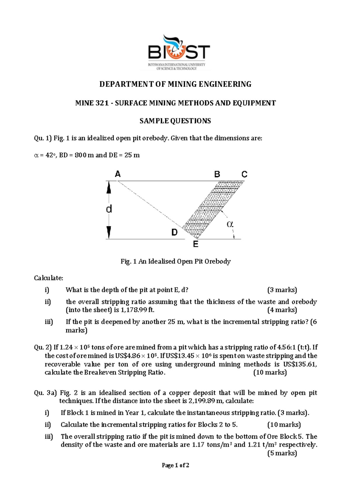Sample Questions for MINE 321: Surface Mining Methods - Studocu
