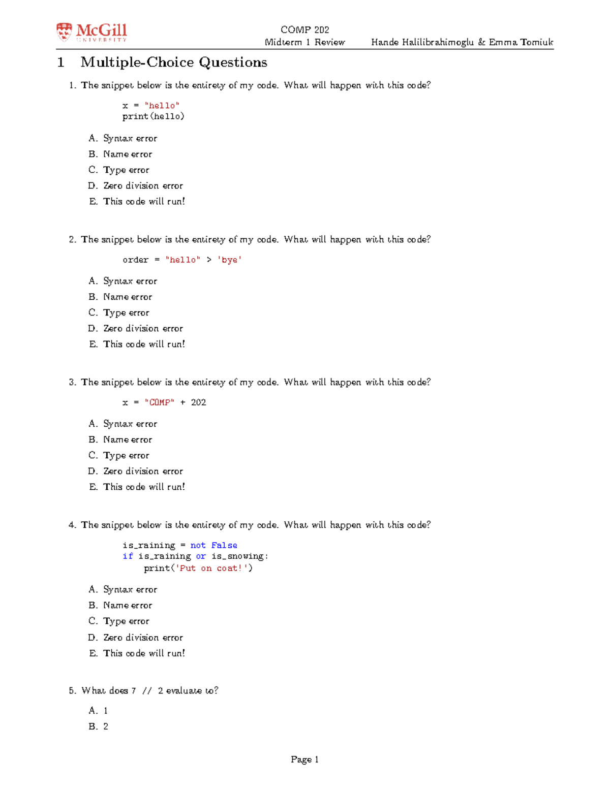 COMP 202 Fall 2025 Midterm 1 Review Questions and Solutions - Studocu