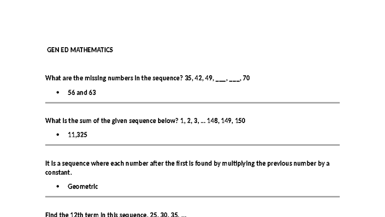 GEN ED Mathematics - N/A - GEN ED MATHEMATICS What are the missing ...