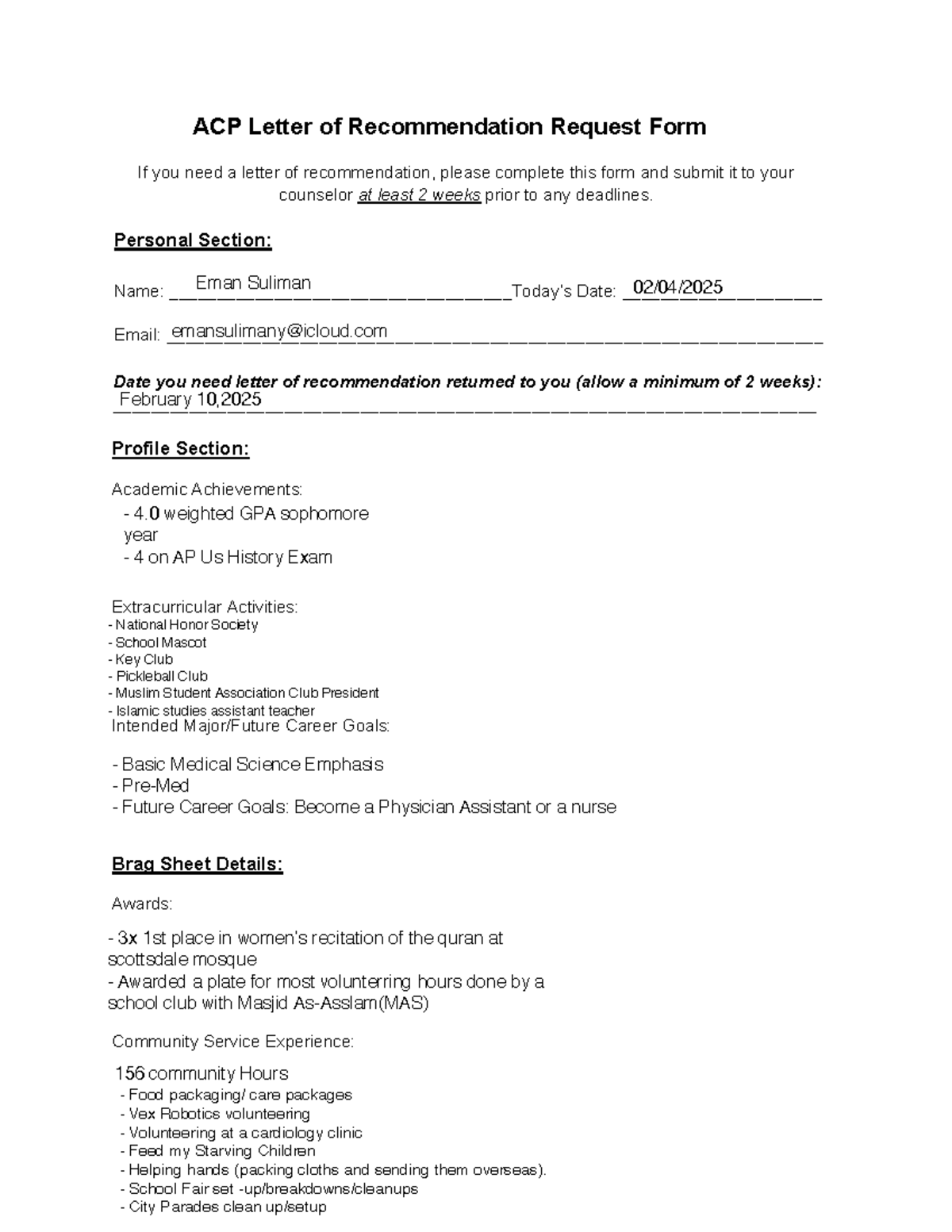 Letter of Recommendation Request Form 2024-25 - ACP Letter of ...