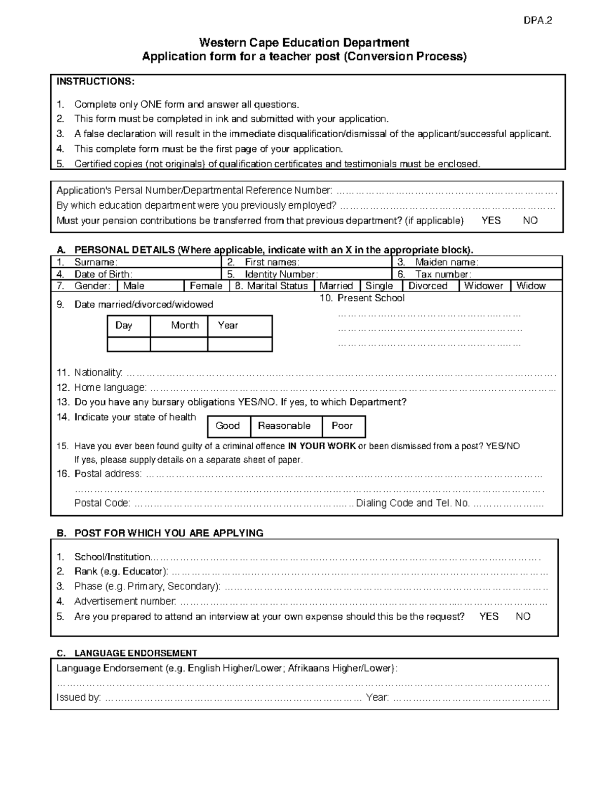 DPA.2 Teacher Post Application Form - Western Cape Education Dept - Studocu