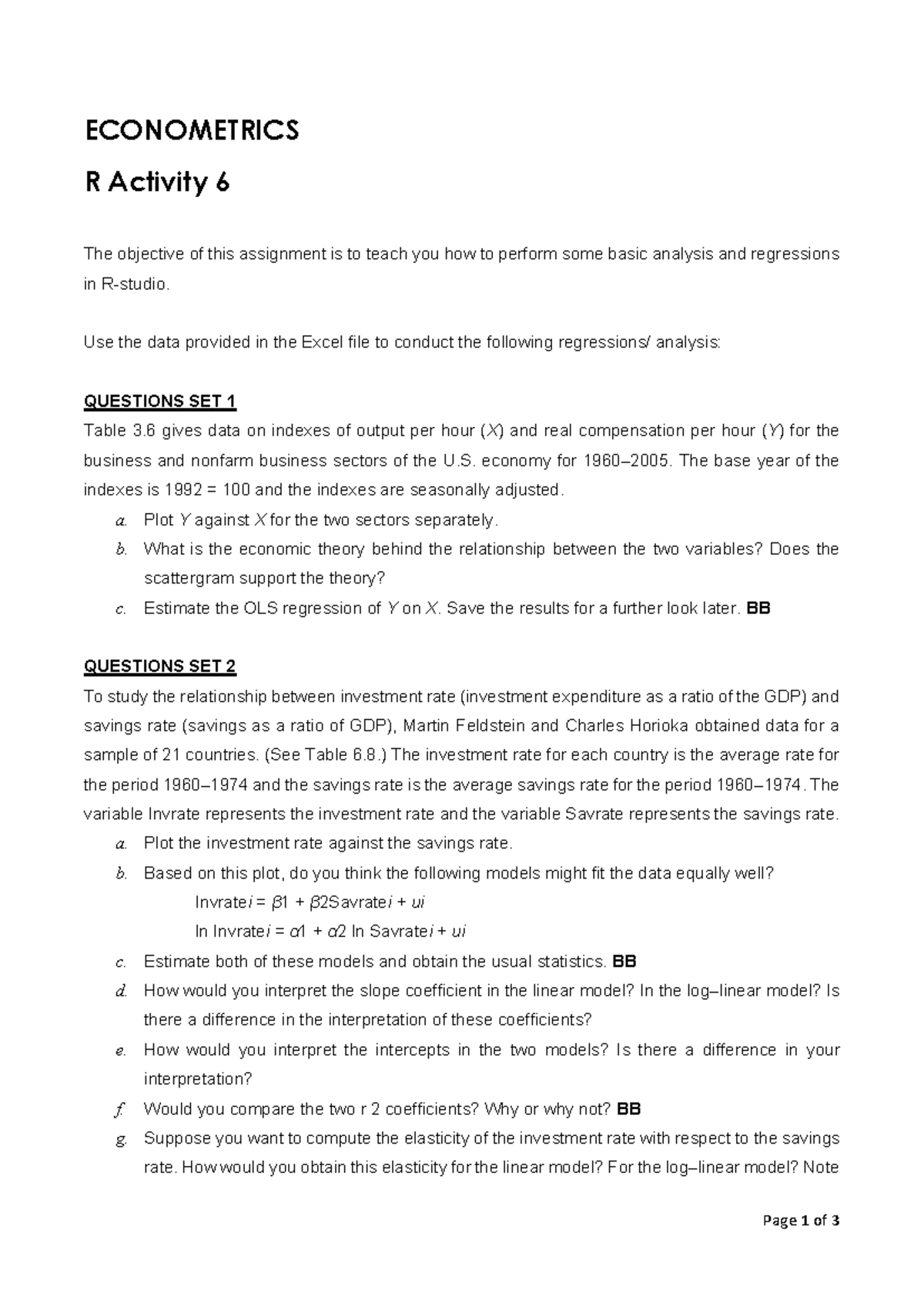 Econometrics R exercise 5 - Page 1 of 3 ECONOMETRICS R Activity 6 The ...