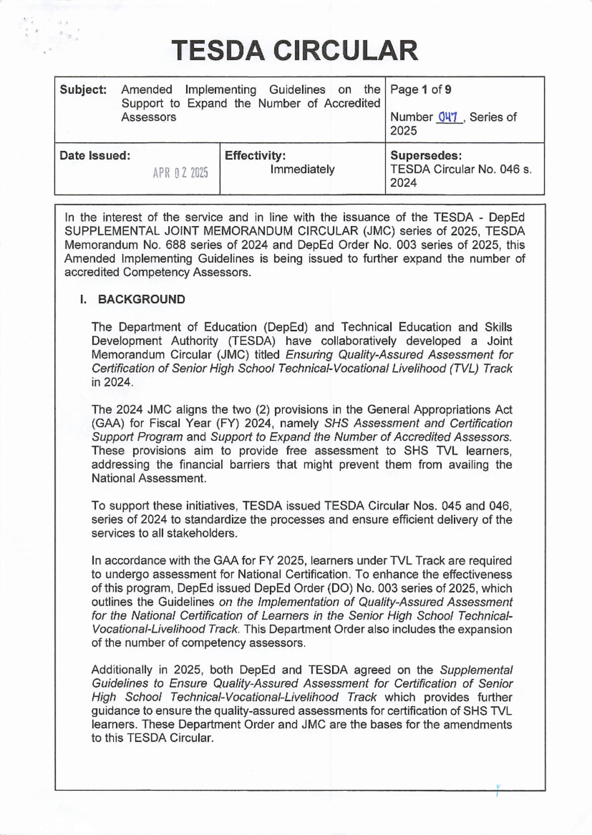 TESDA Circular No. 047-2025: Amended Guidelines for Accredited ...