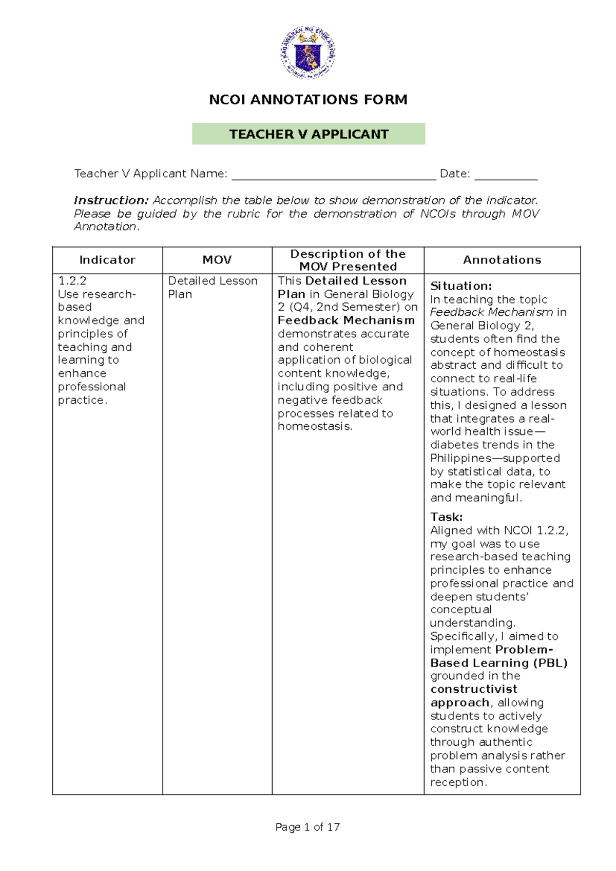 NCOI Annotations Form for Teacher V Applicant: Professional Practice ...