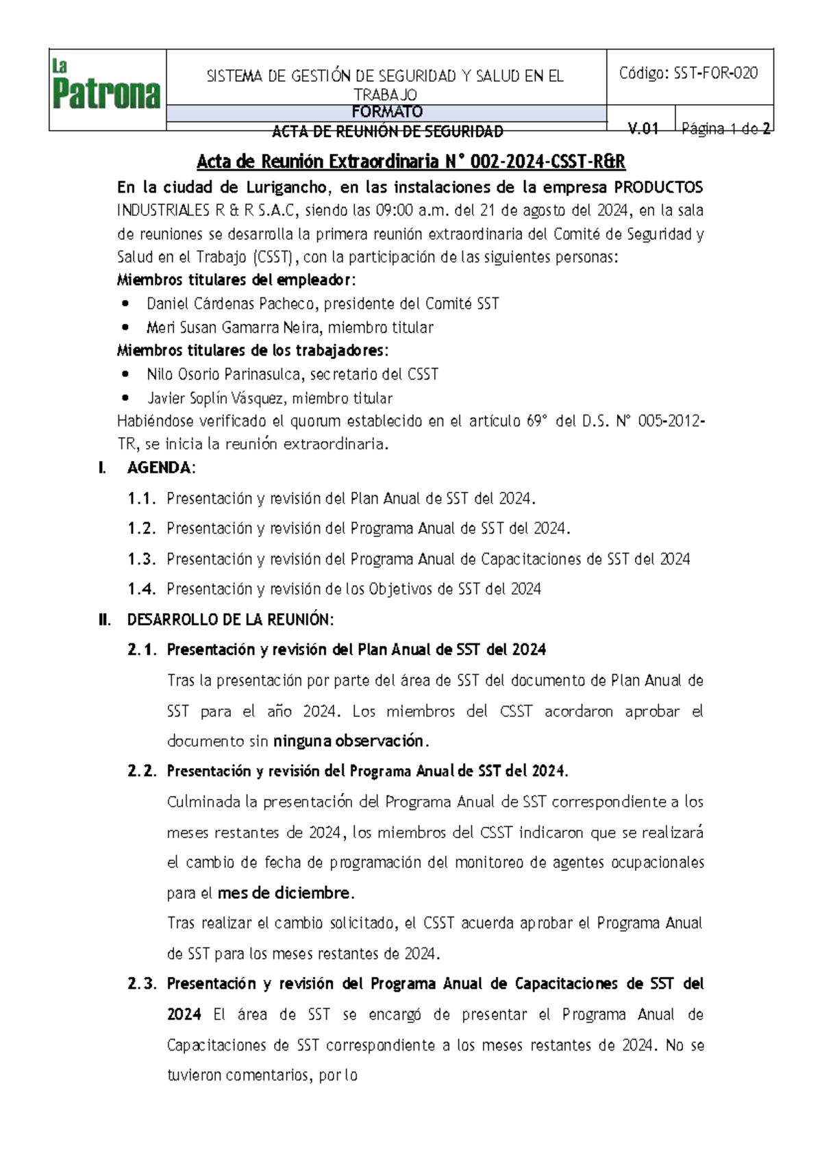Acta de Reunión Extraordinaria CSST - SST 2024 Código: N002-2024 - Studocu