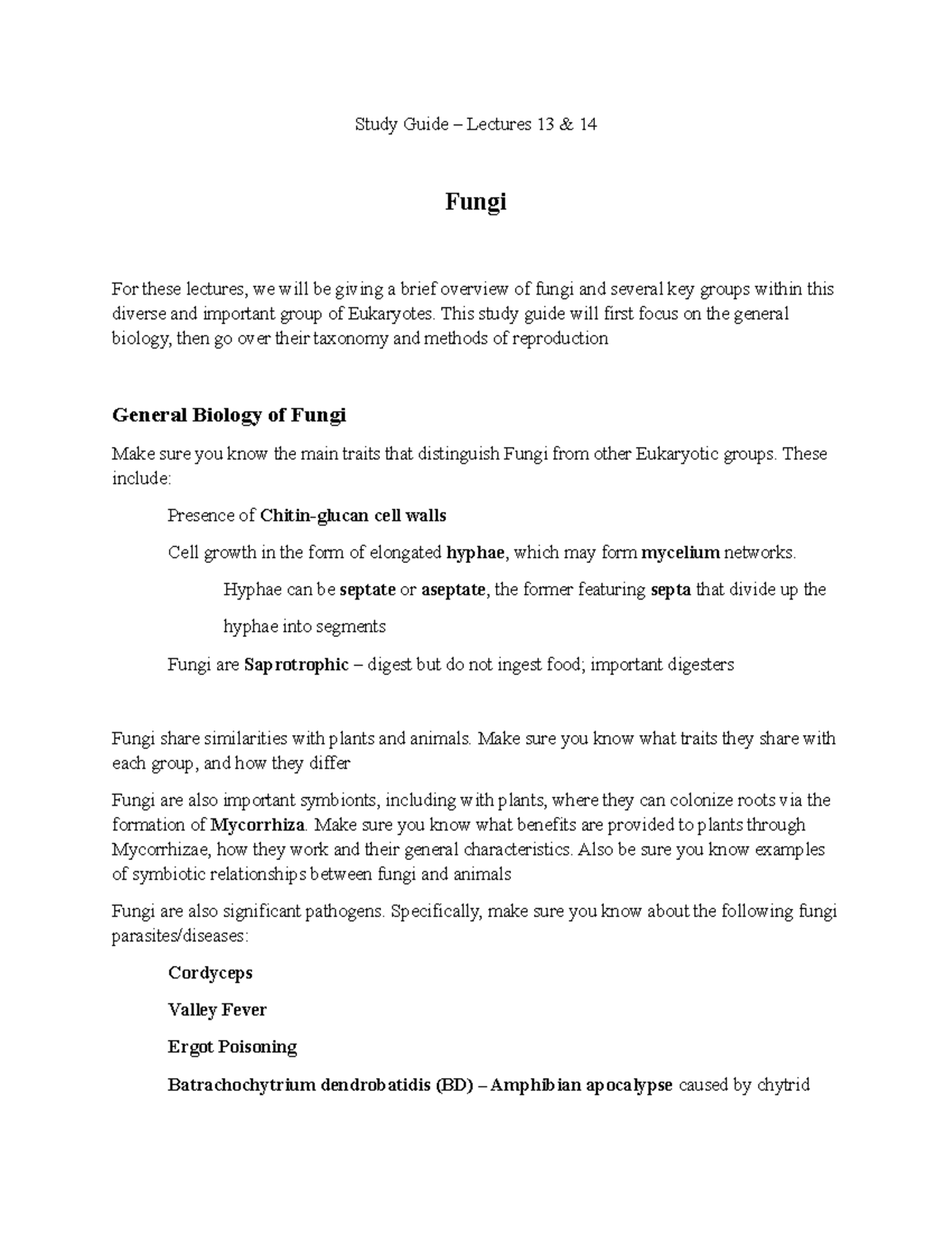 Study Guide: Lectures 13 & 14 on Fungi Overview and Taxonomy - Studocu