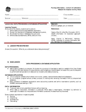 NUR 101 - Introduction to Nursing Informatics: Module #1 Activity Sheet ...