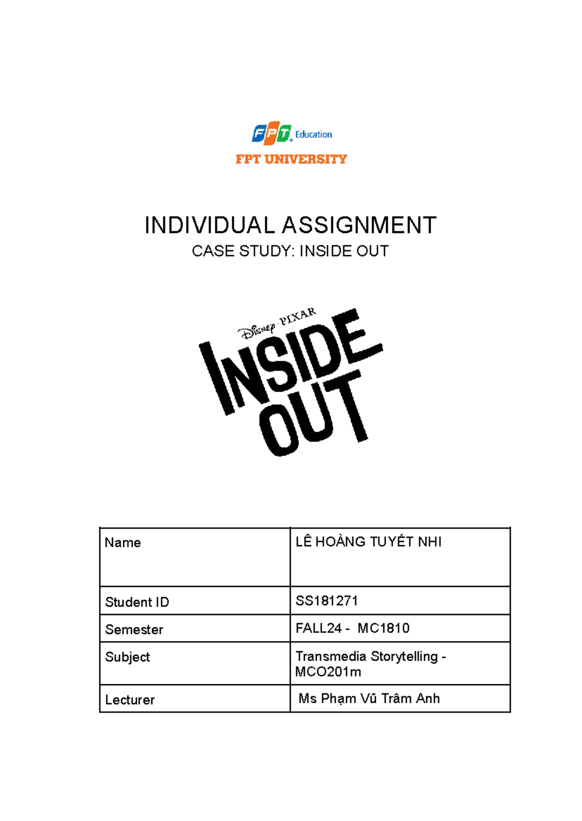 MCO201m Individual Assignment Case Study: Inside Out Analysis - Studocu