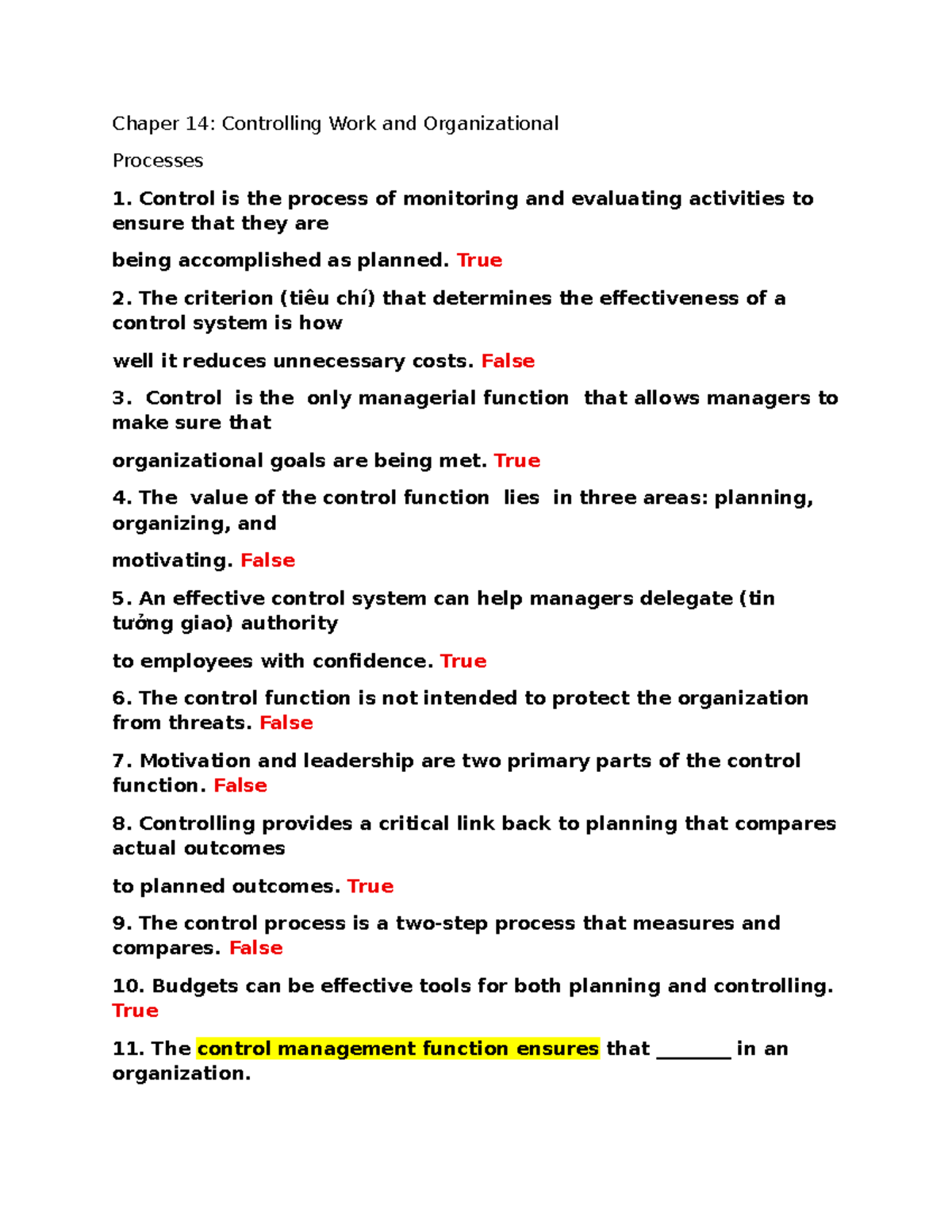 Chapter 14: Controlling Work & Org Processes - Study Notes - Studocu