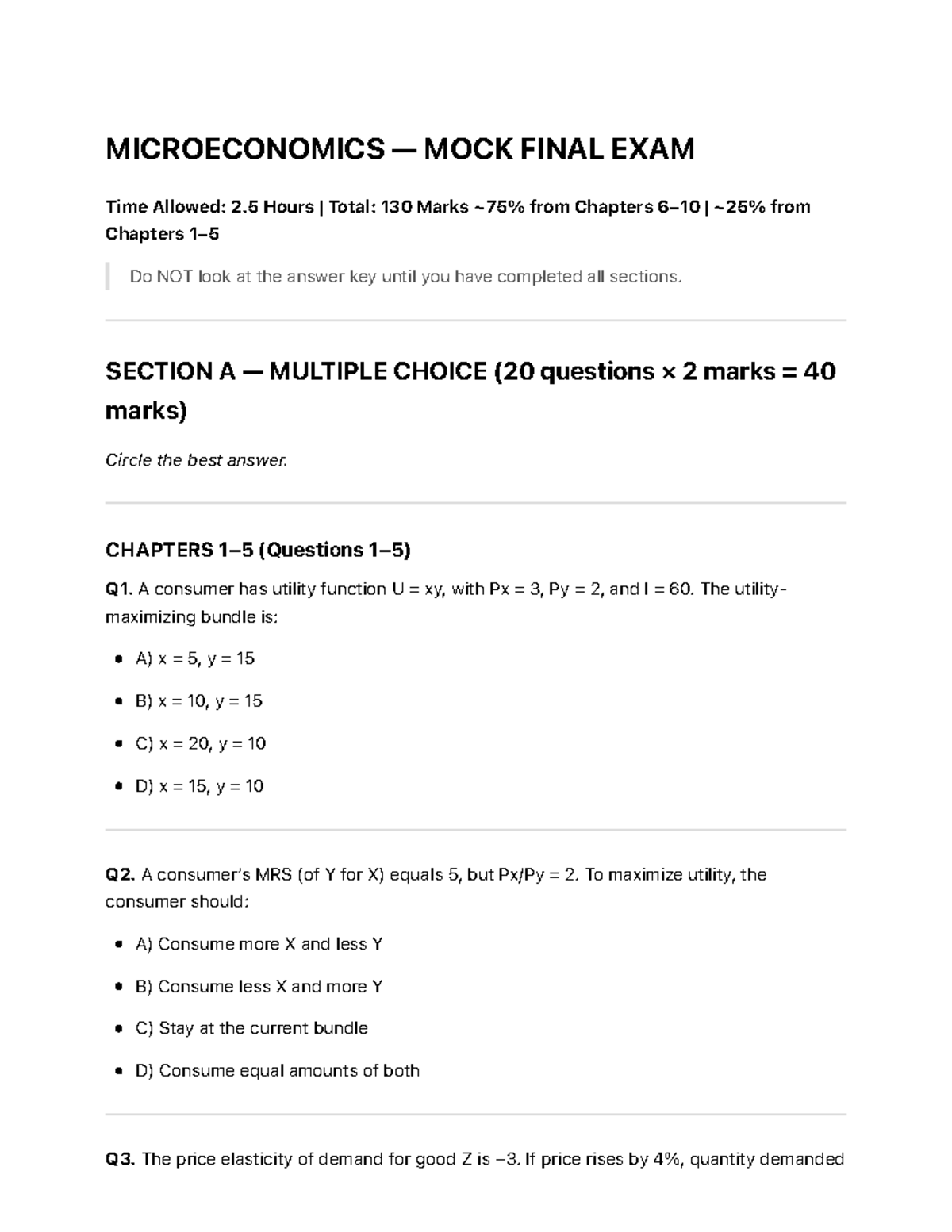 MICROECONOMICS MOCK FINAL EXAM (Practice) - 2.5 Hours, 130 Marks - Studocu
