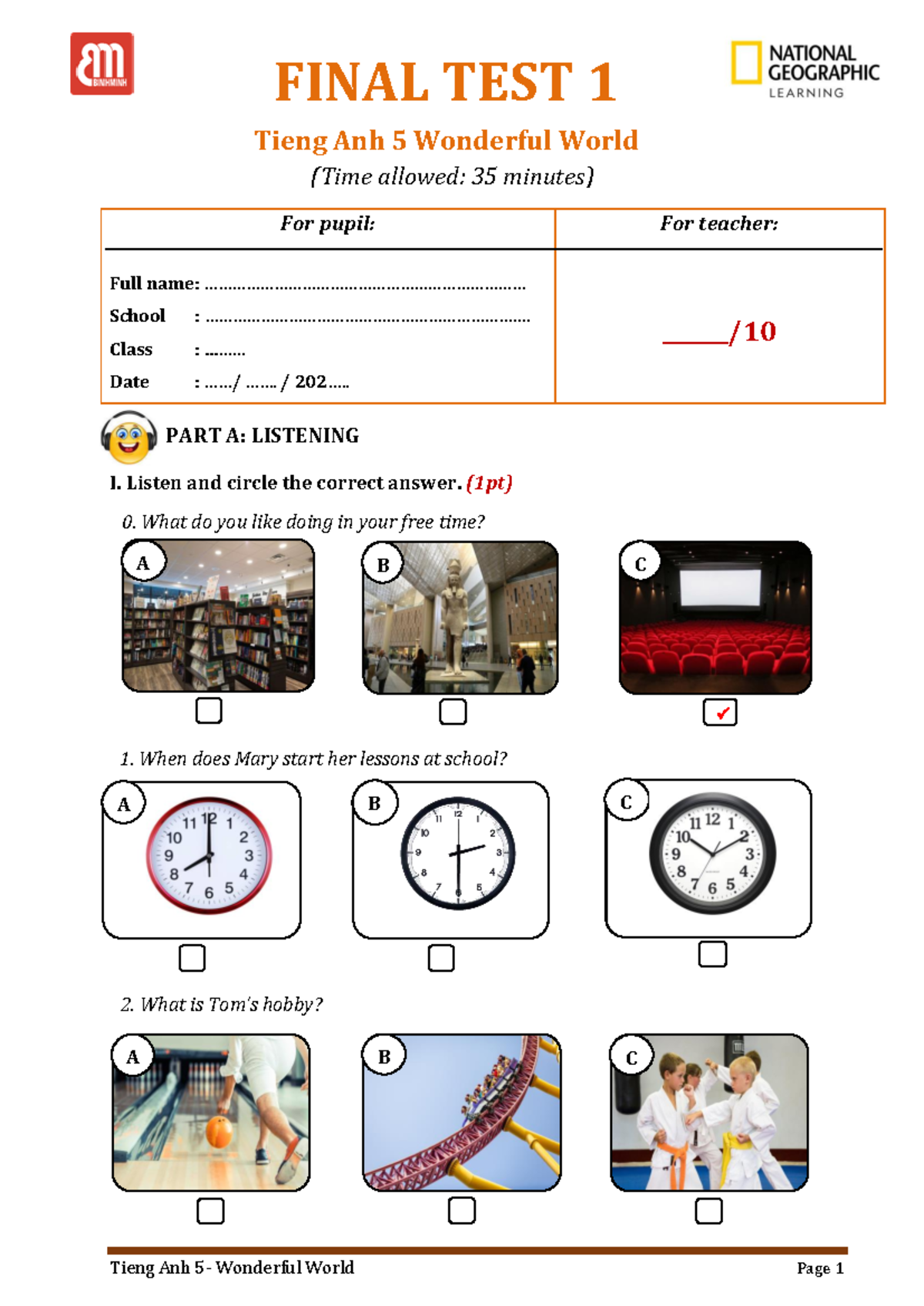 FINAL EXAM 1 Tieng Anh 5 Wonderful World Listening Section - Studocu