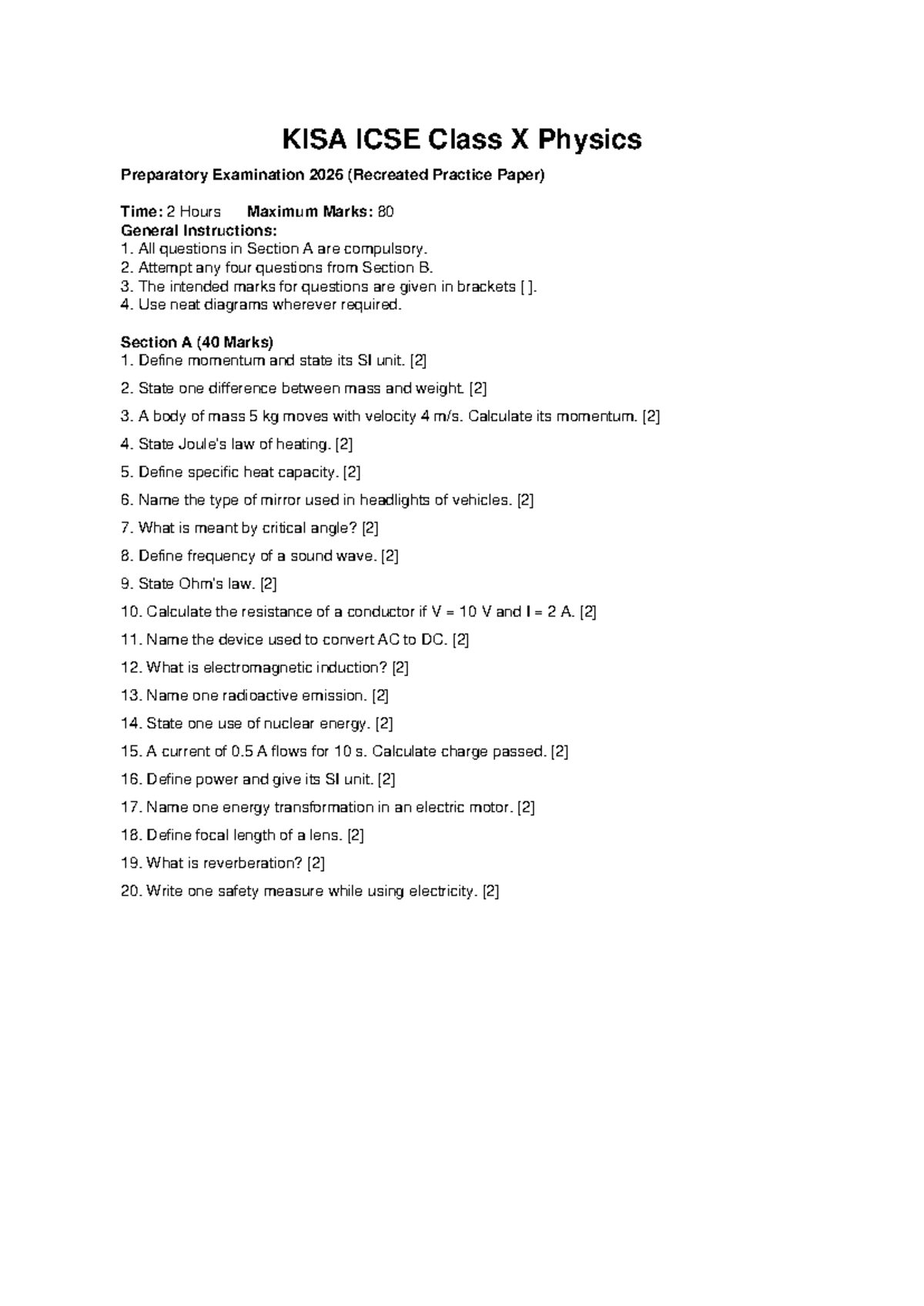 KISA ICSE Class X Physics Prep Exam 2026 Practice Paper - Studocu