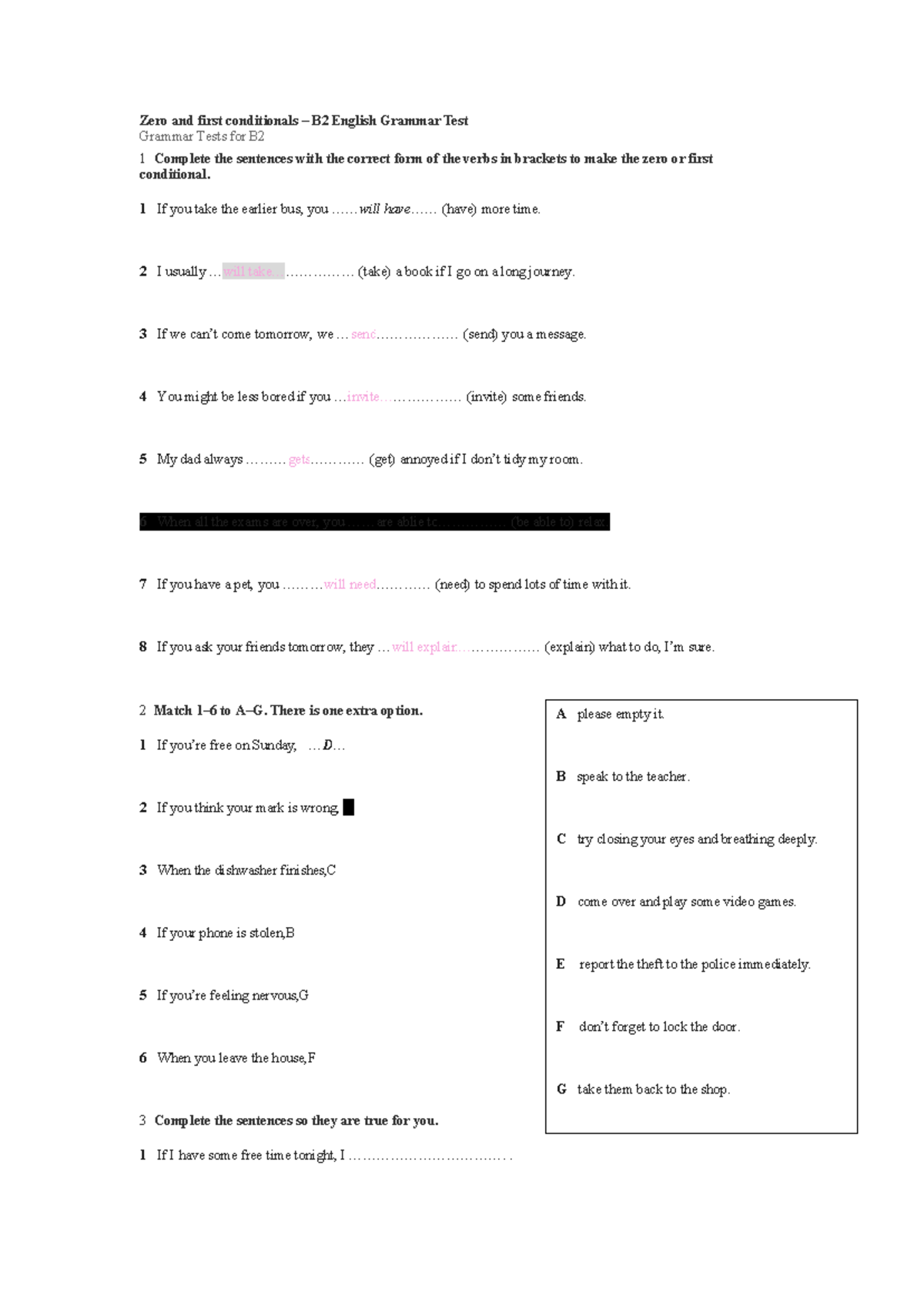 Zero and First Conditionals - B2 English Grammar Test - Studocu
