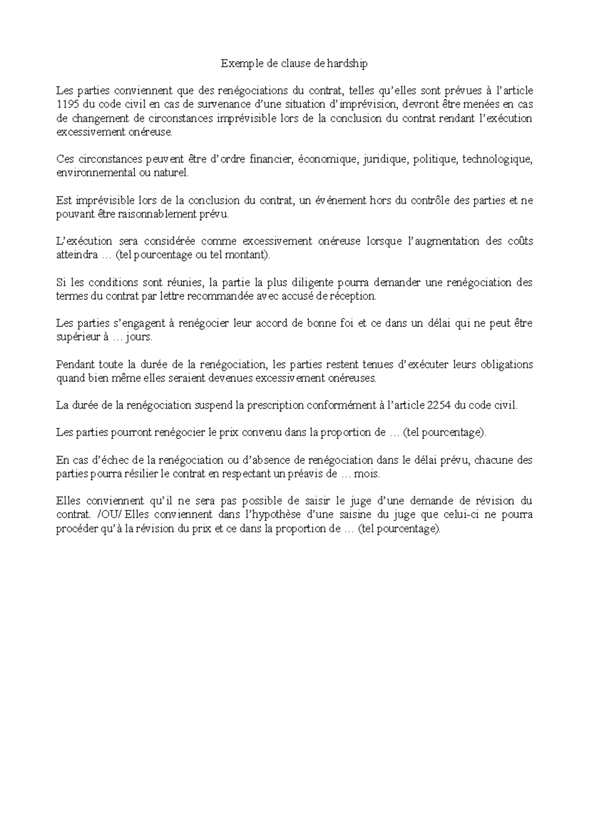 Clause de Hardship : Renégociation des Contrats en Droit Civil - Studocu