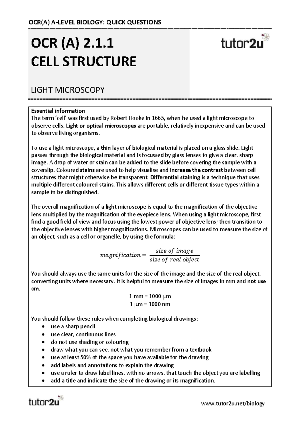 OCR(A) BIOLOGY: LIGHT MICROSCOPY QUICK QUESTIONS & ESSENTIAL INFO - Studocu
