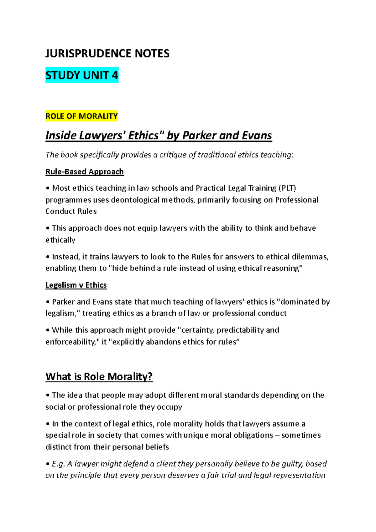 JURISPRUDENCE NOTES: STUDY UNIT 4 - ROLE OF MORALITY - Studocu
