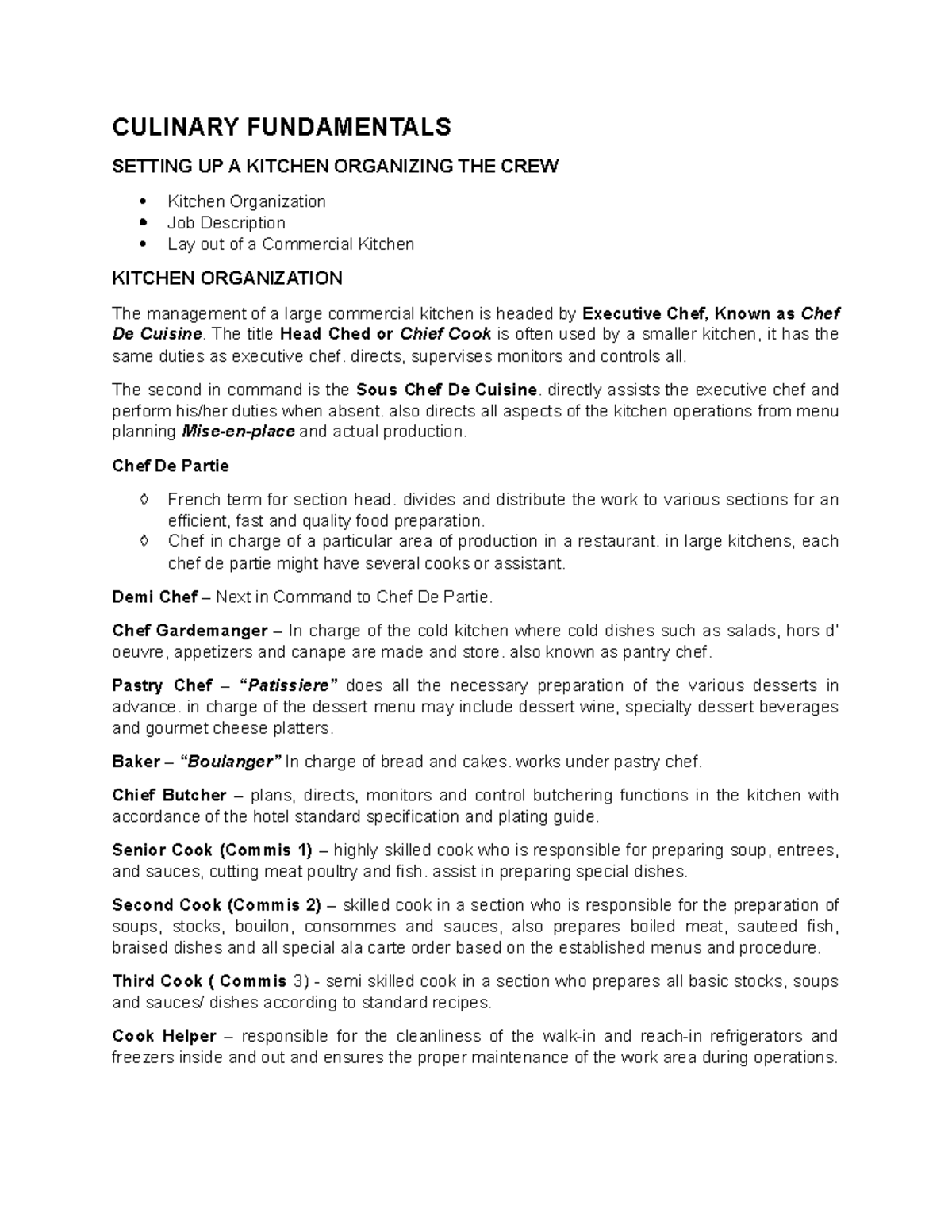 HME 314 - LECTURE NOTES ON CULINARY FUNDAMENTALS AND KITCHEN set-up ...