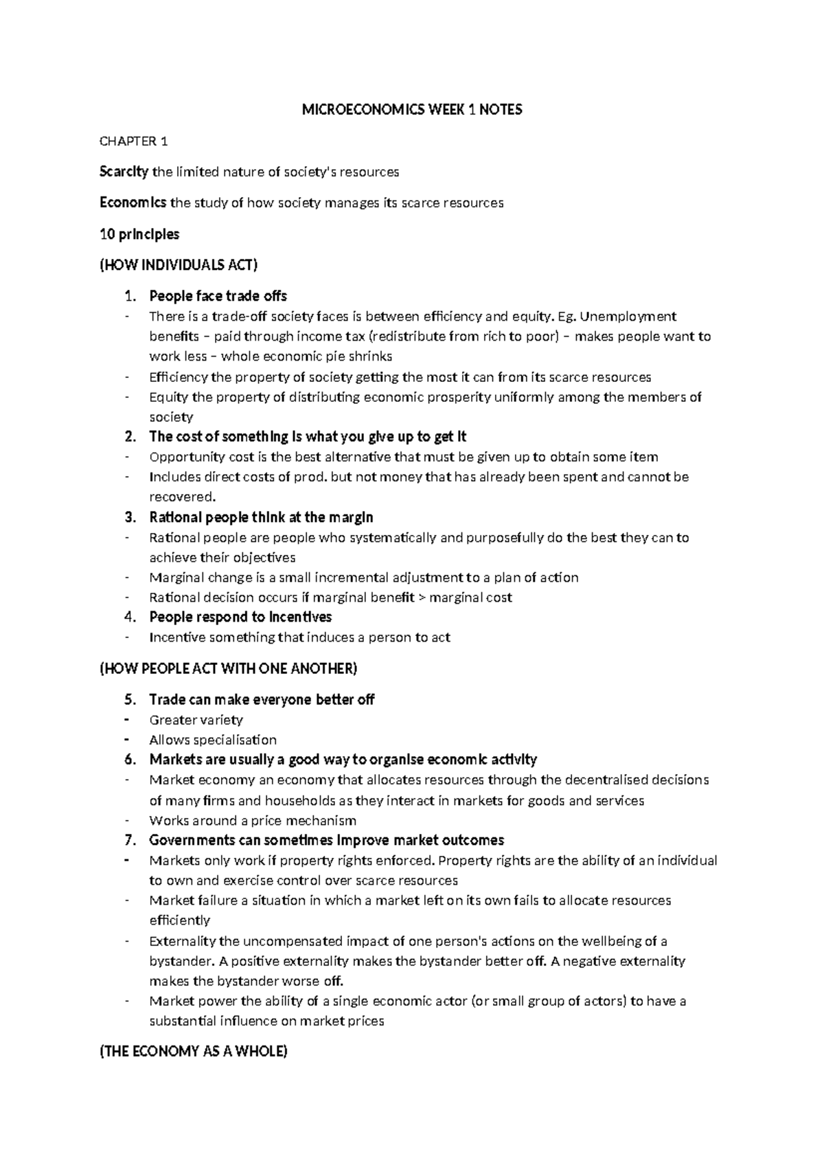 MICROECONOMICS 101: WEEK 1 NOTES ON SCARCITY & ECONOMIC PRINCIPLES ...