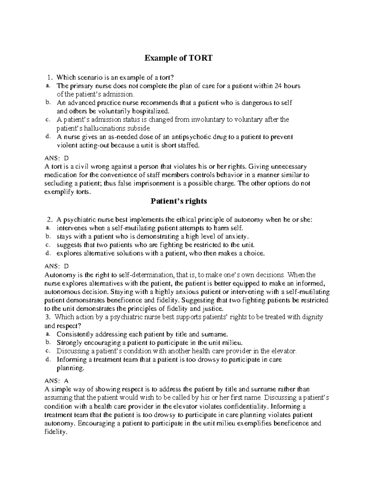 Review for mental health - Example of TORT 1. Which scenario is an ...