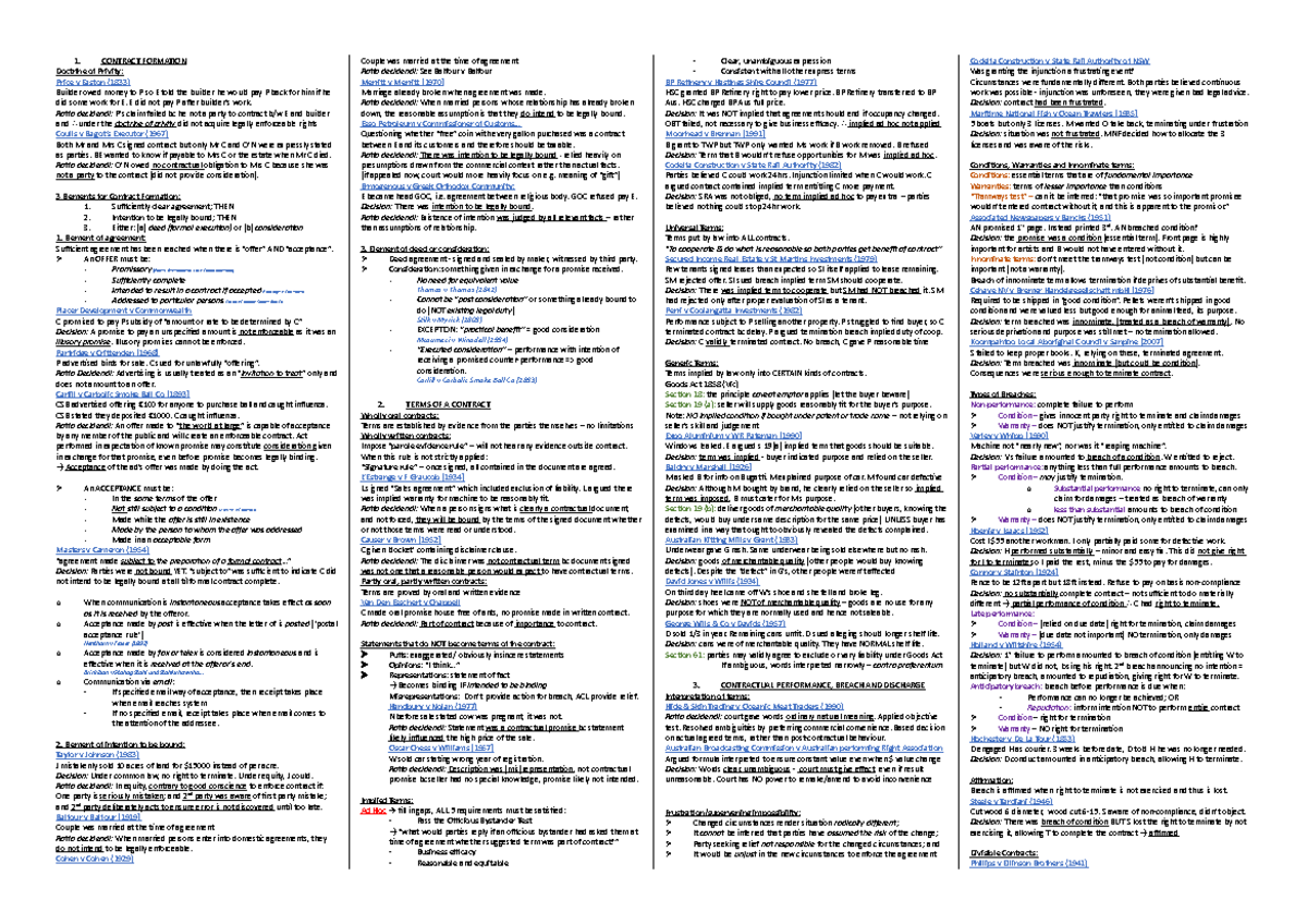 BLAW cheat sheet - 1. CONTRACT FORMATION Doctrine of Privity: Price v ...