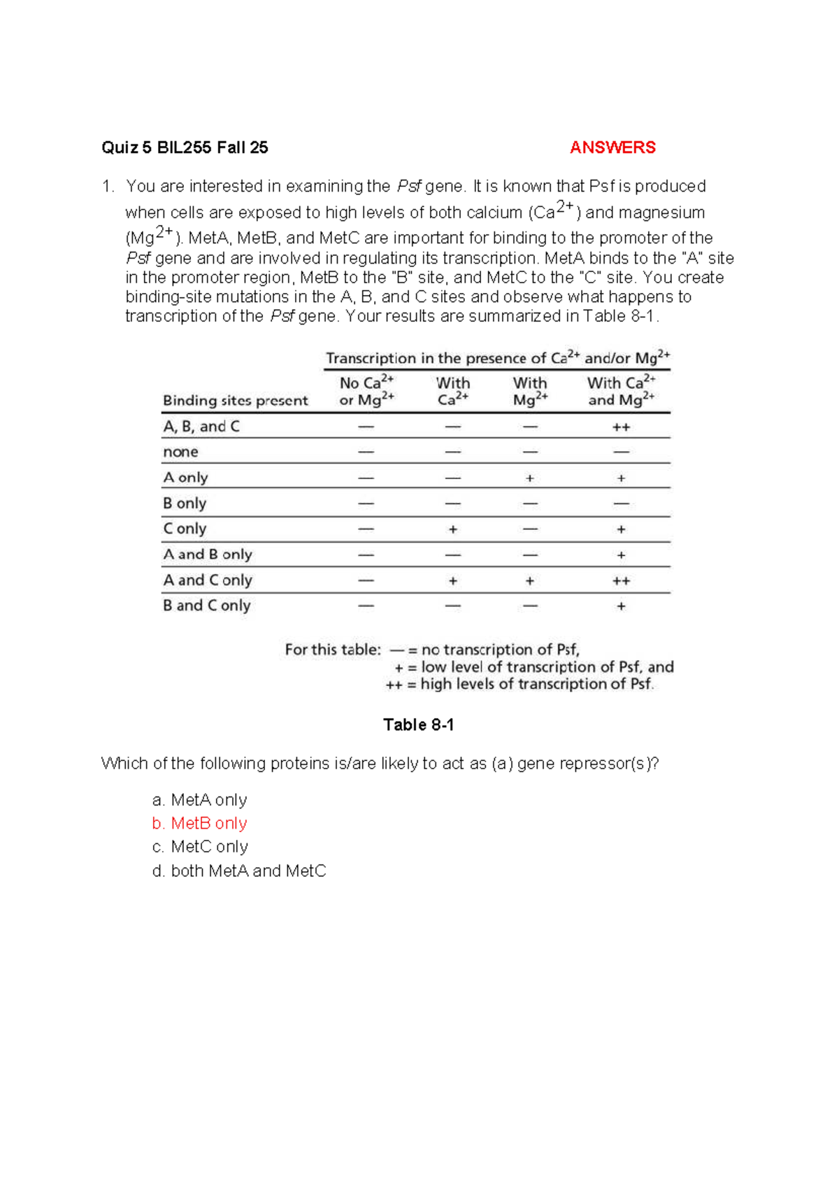 Quiz 5 Key BIL255 Fall 25: Gene Regulation and Expression Insights ...