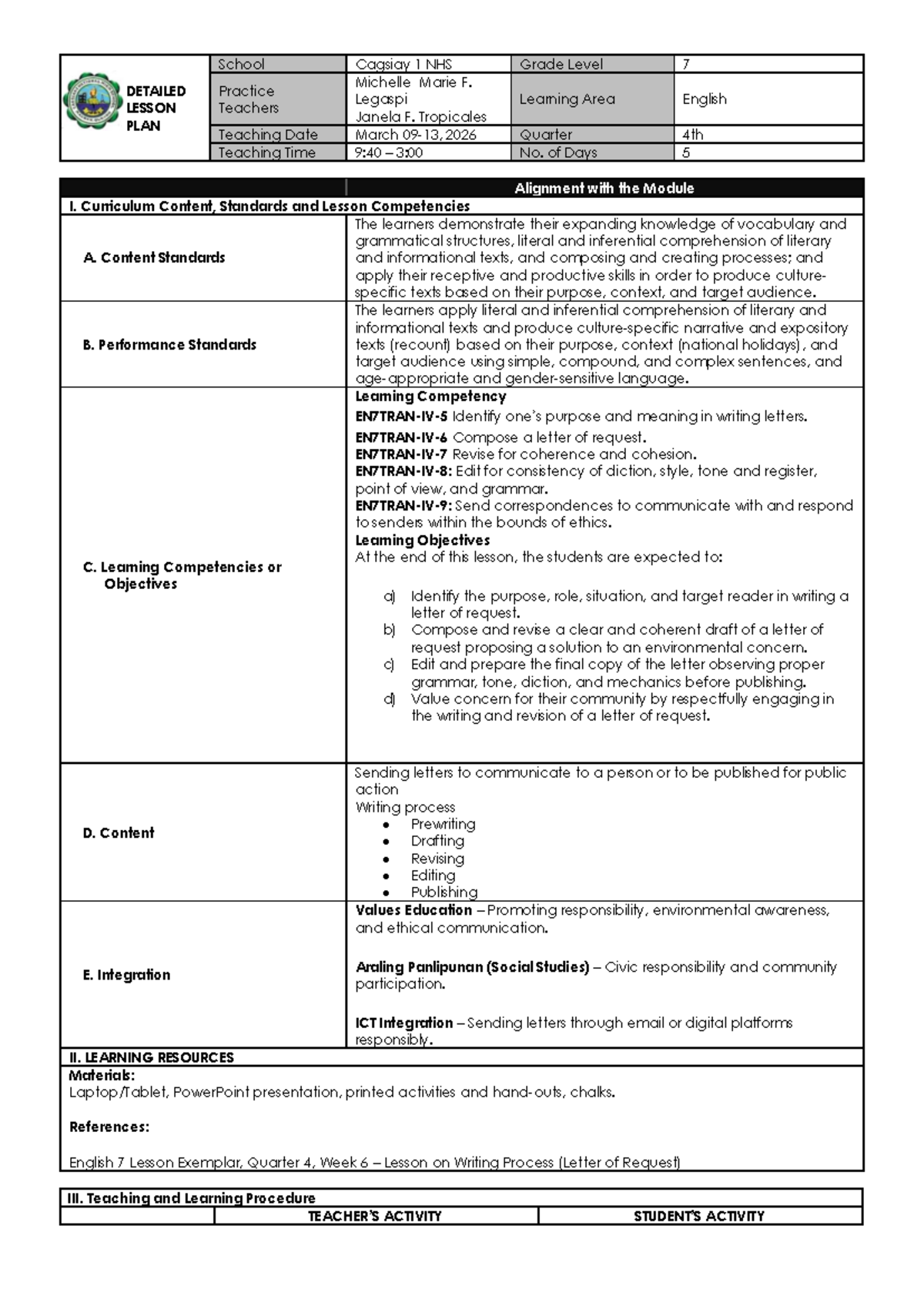 LP 7 - Week 7: Detailed Lesson Plan on Writing Letters of Request - Studocu