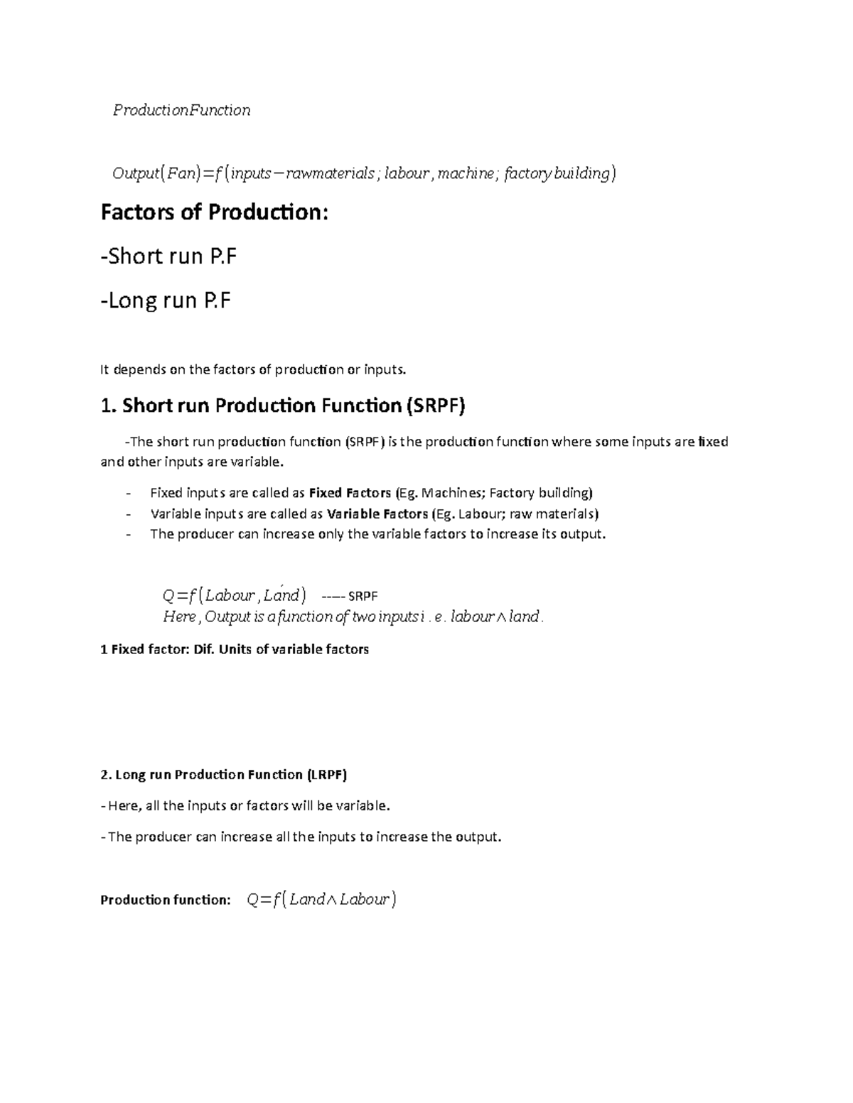 Production Function Concepts: Short and Long Run Analysis - Studocu