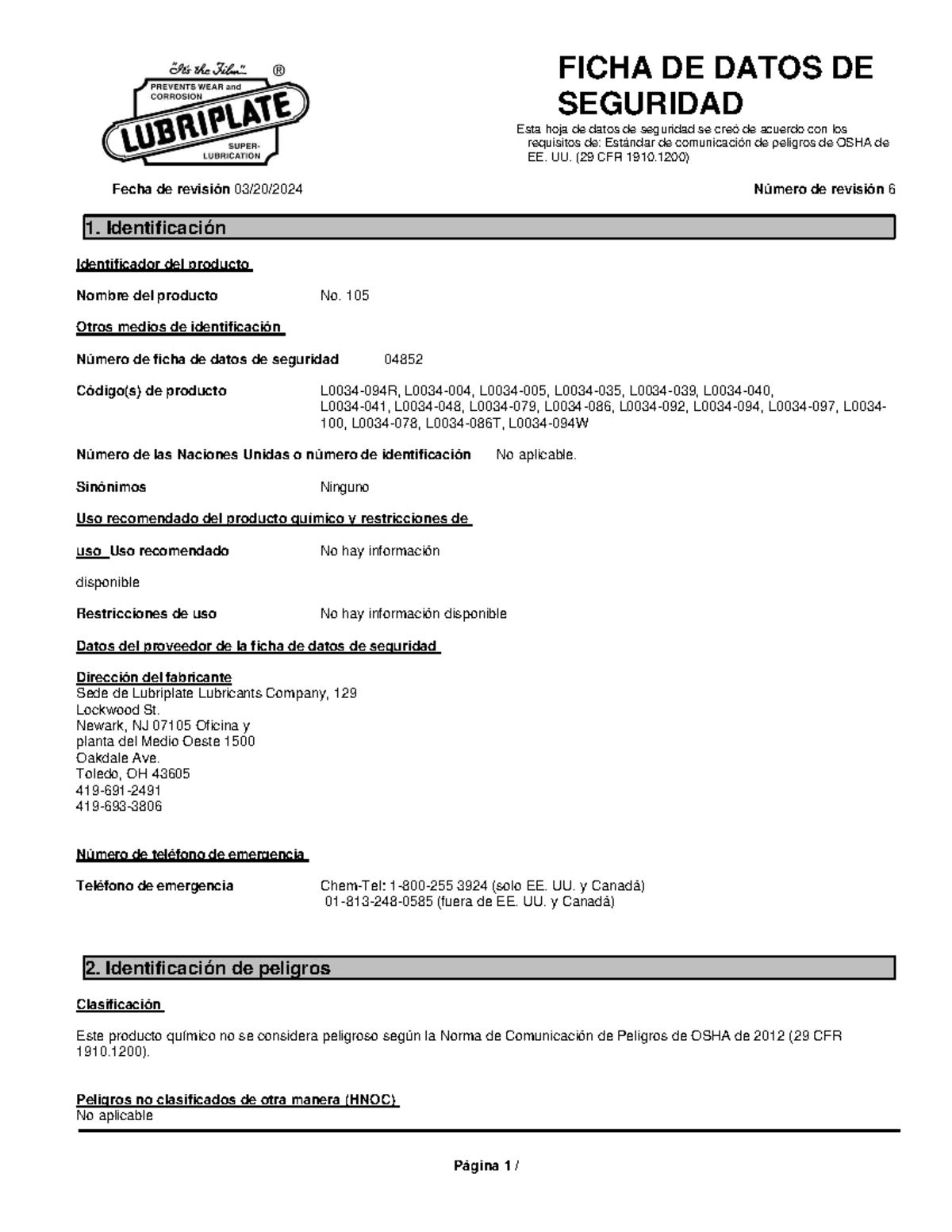 Hoja de Datos de Seguridad - Producto No. 105 según OSHA 29 CFR 1910. ...