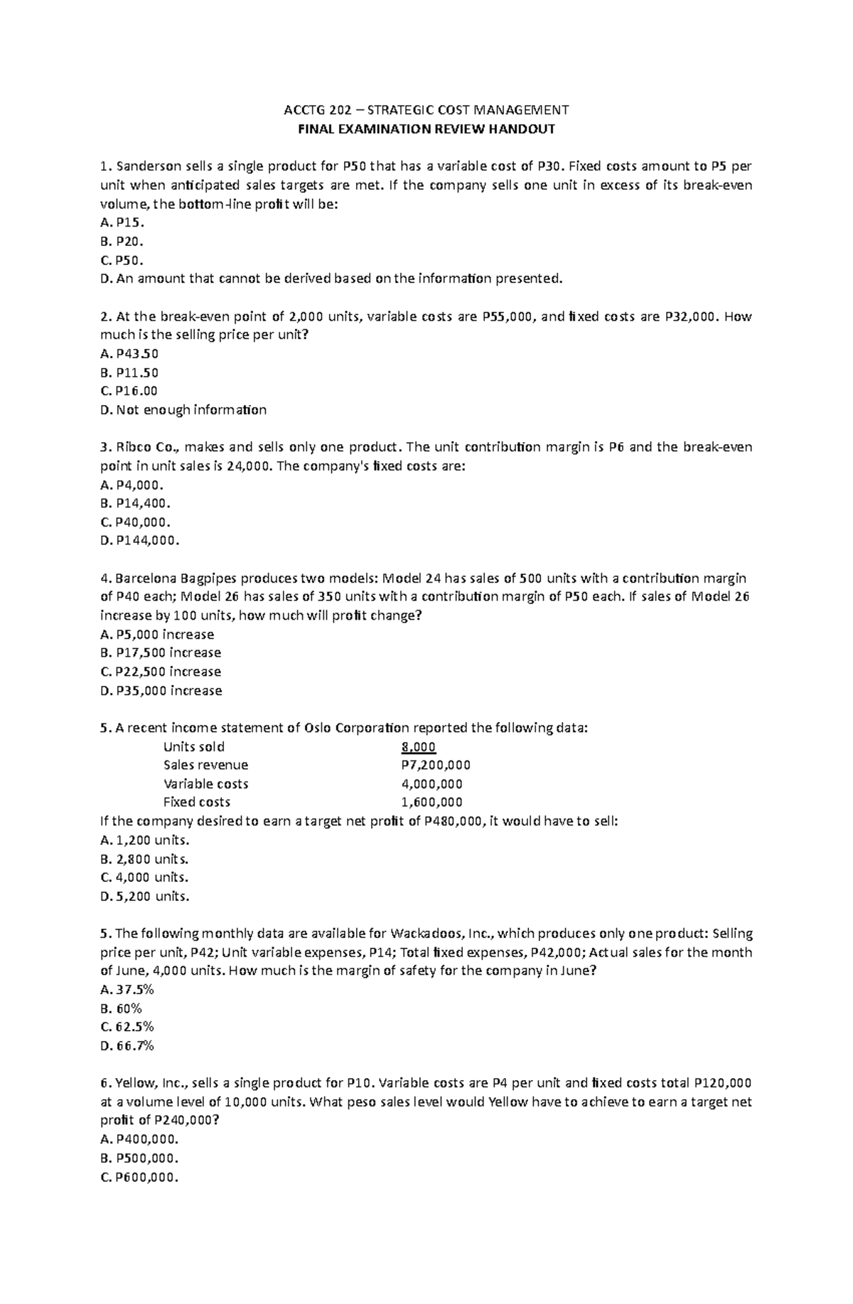 ACCTG 202 – FINAL EXAM REVIEW HANDOUT FOR STRATEGIC COST MANAGEMENT ...