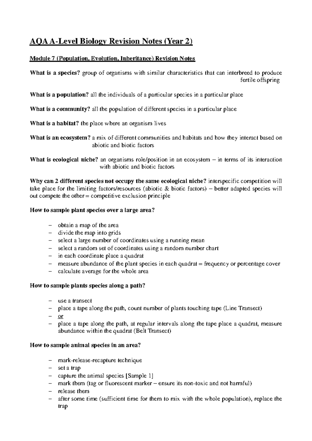 AQA A Level Biology Revision Notes QAs New Spec Year 2 - AQA A-Level ...