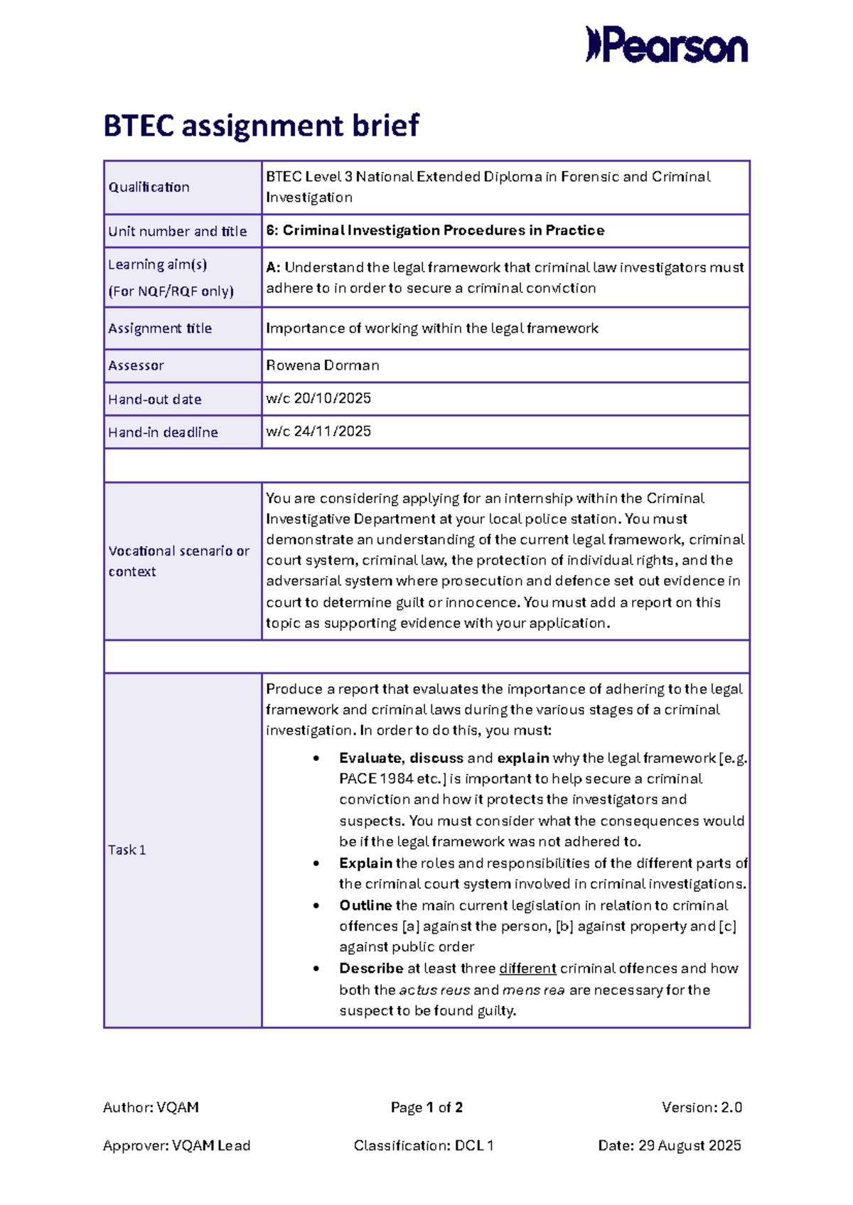 BTEC Level 3 Unit 6 Assignment Brief: Criminal Investigation Procedures ...