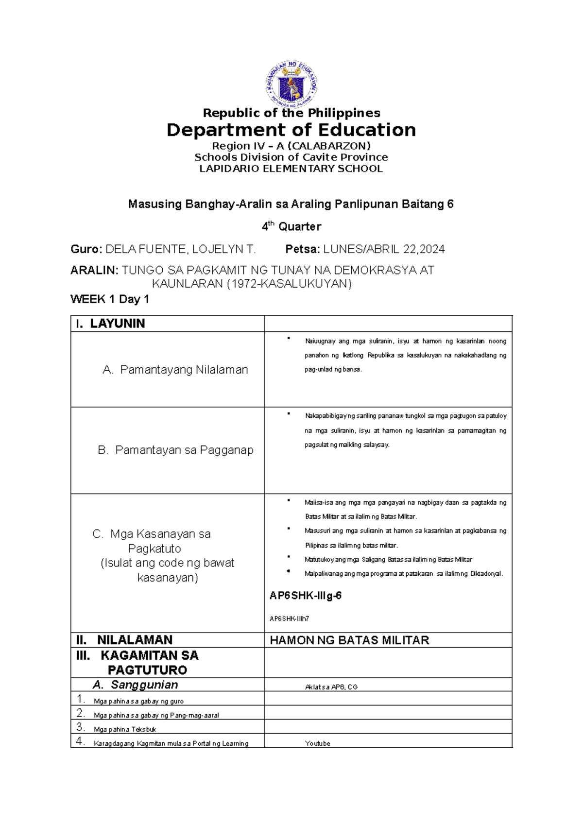 Q4 week 1 Day 1 DLP AP - EPP grade 4 QUARTER 2 WEEK 4 - Republic of the ...