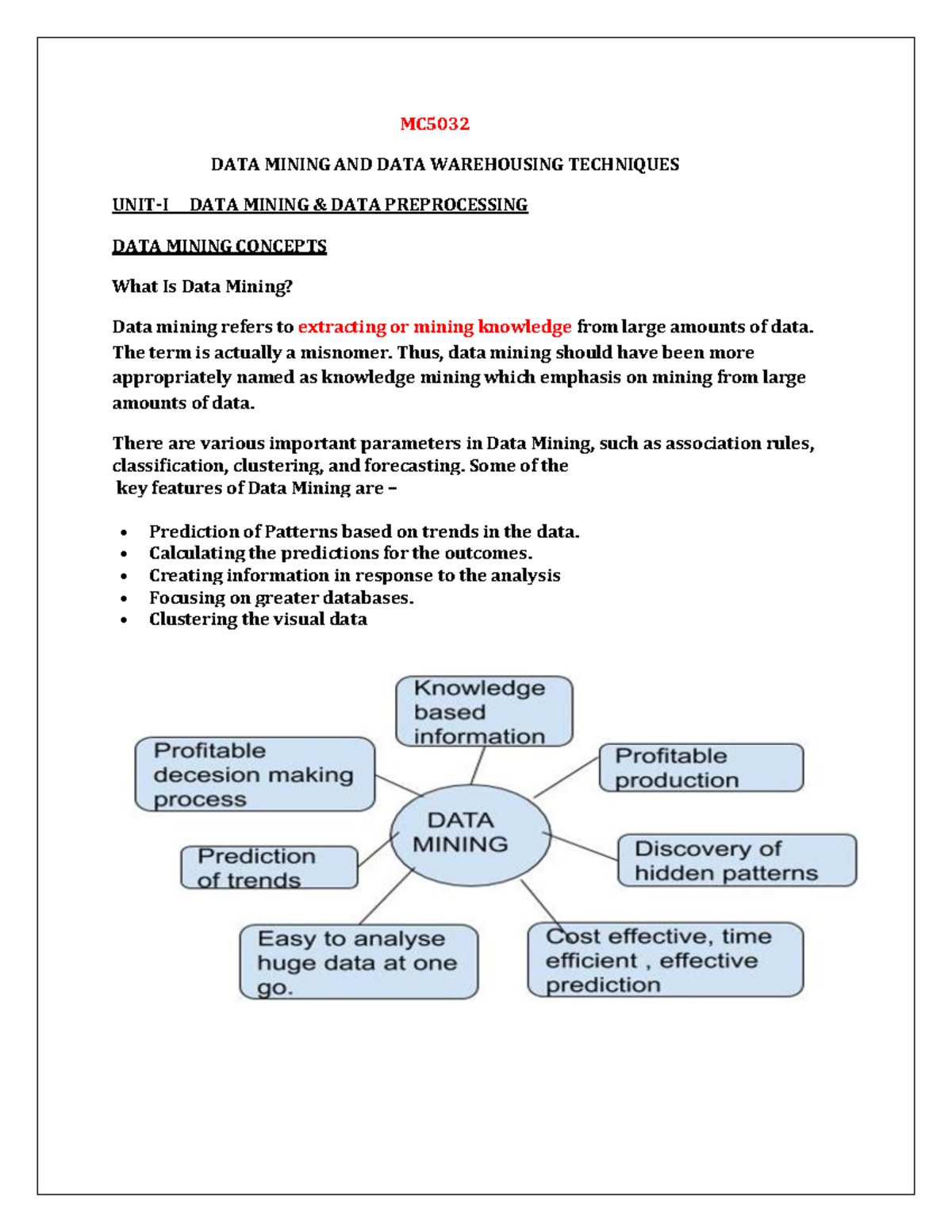 Data mining and warehouse - MC5 032 DATA MINING AND DATA WAREHOUSING ...