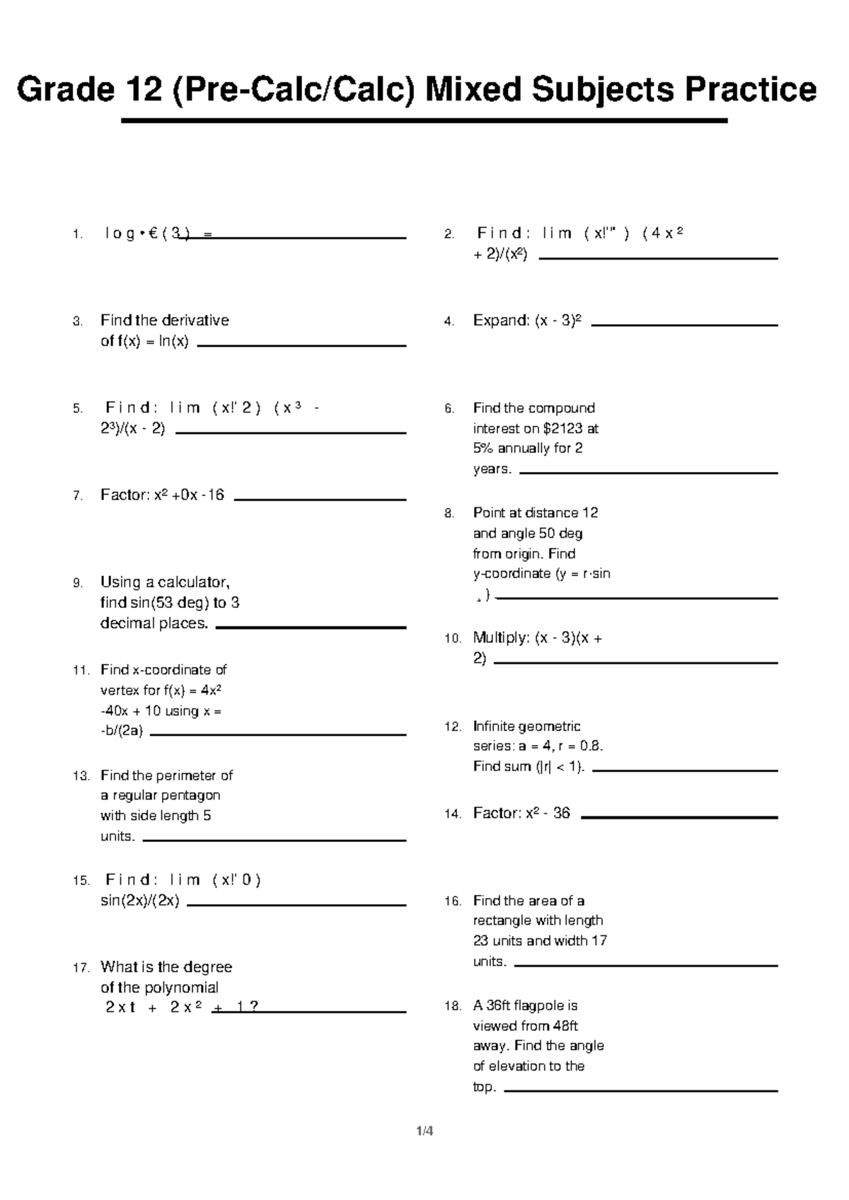 Grade 12 Math Mixed Subjects Practice 1 - Studocu