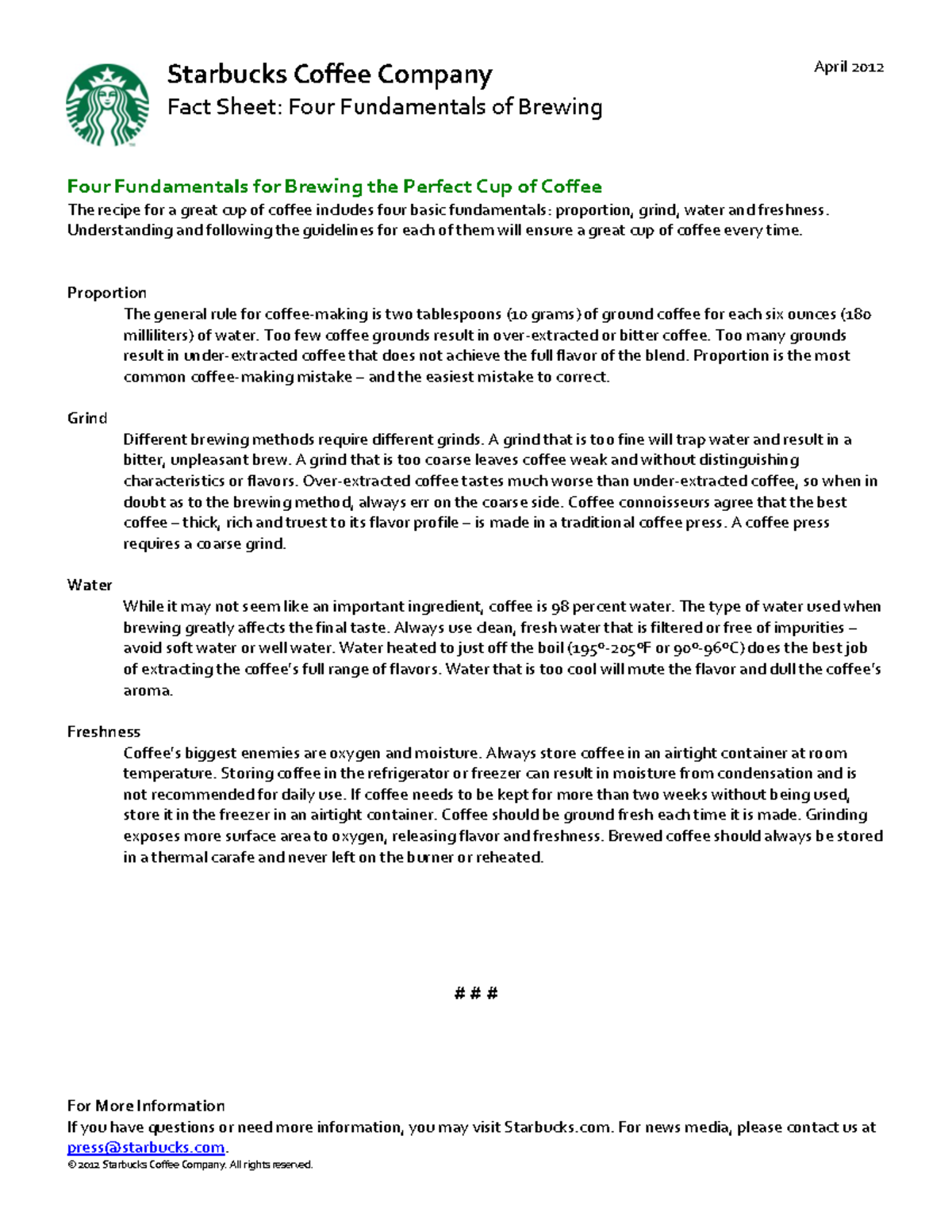Inbound 9202678305958684292 - Starbucks Coffee Company Fact Sheet: Four ...