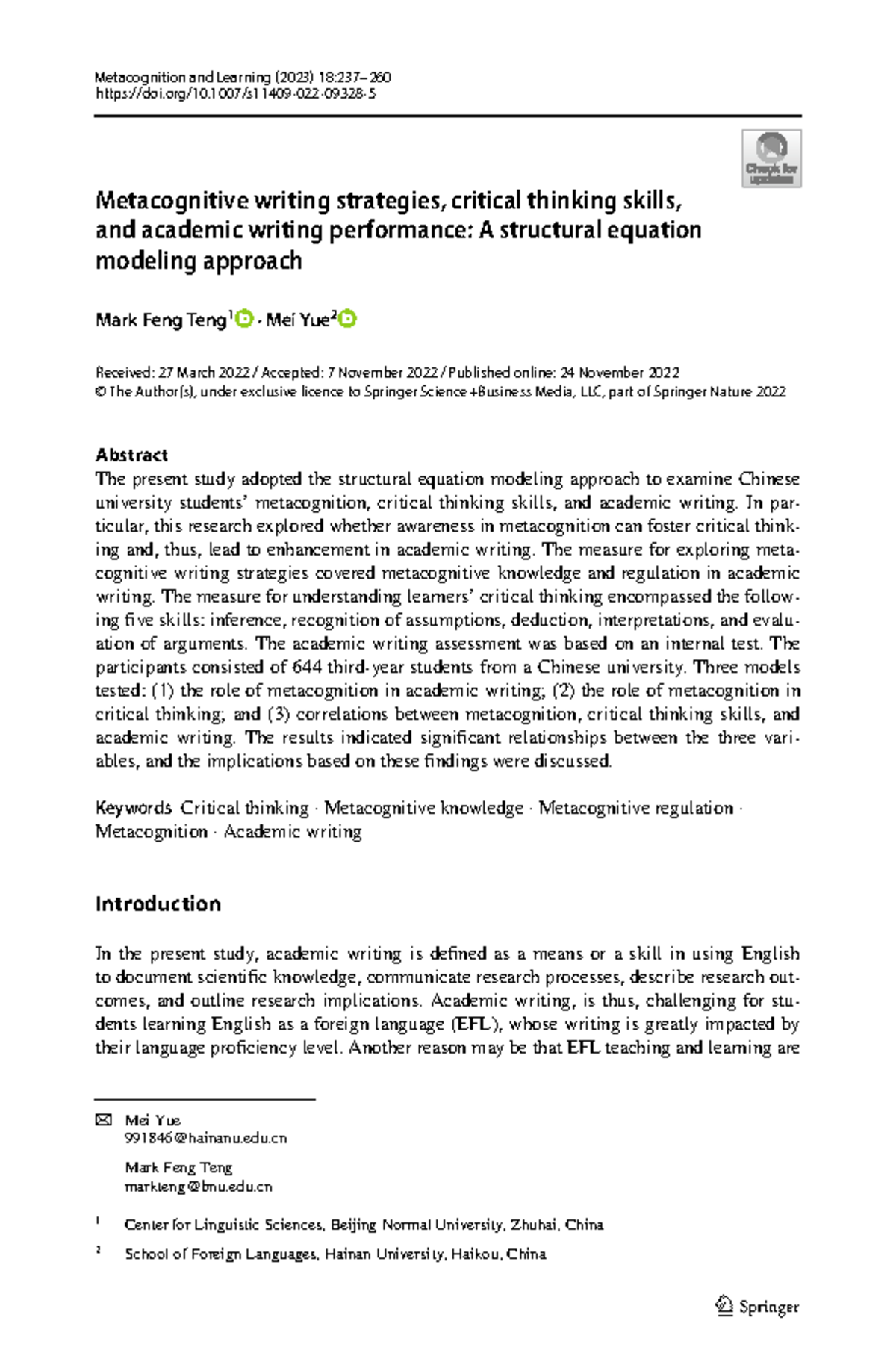 Metacognitive Writing Strategies & Critical Thinking in EFL - MKK ...