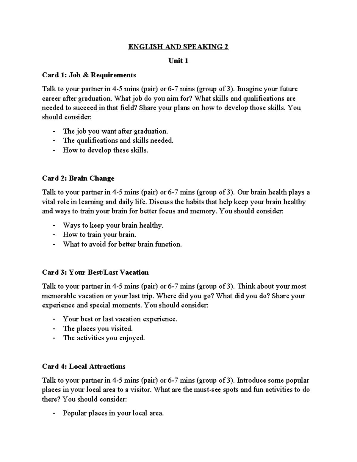 ENGLISH AND SPEAKING 2: Unit 1-6 Speaking Topic Cards for Discussion ...