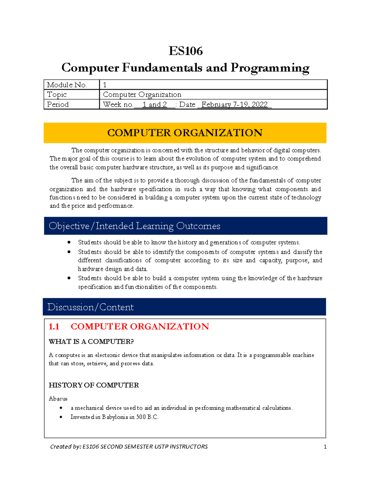ES106 Computer Fundamentals: Module 1 - Computer Organization - Studocu