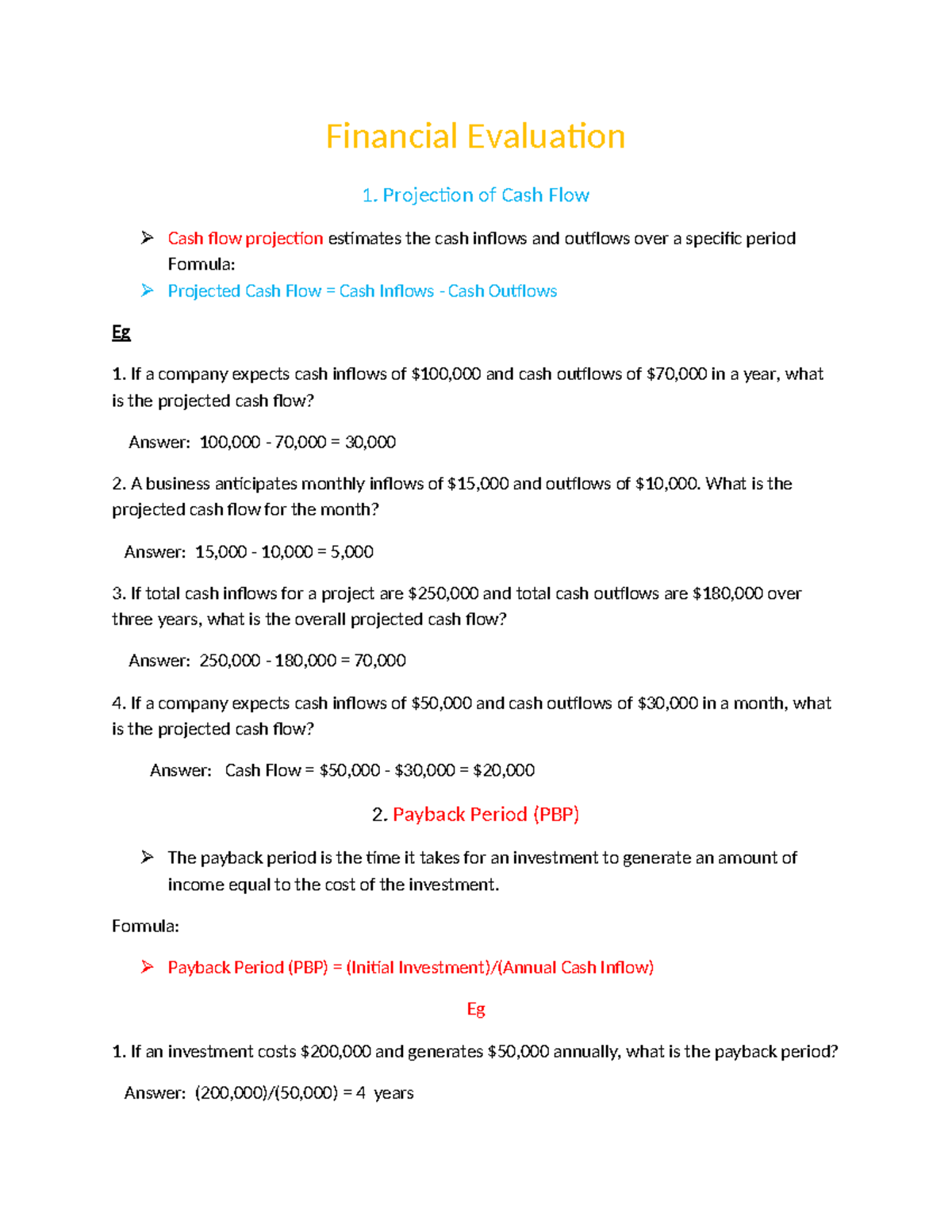 Financial Evaluation 1: Cash Flow, PBP, BCR, PI, ARR, NPV, BEA Analysis ...