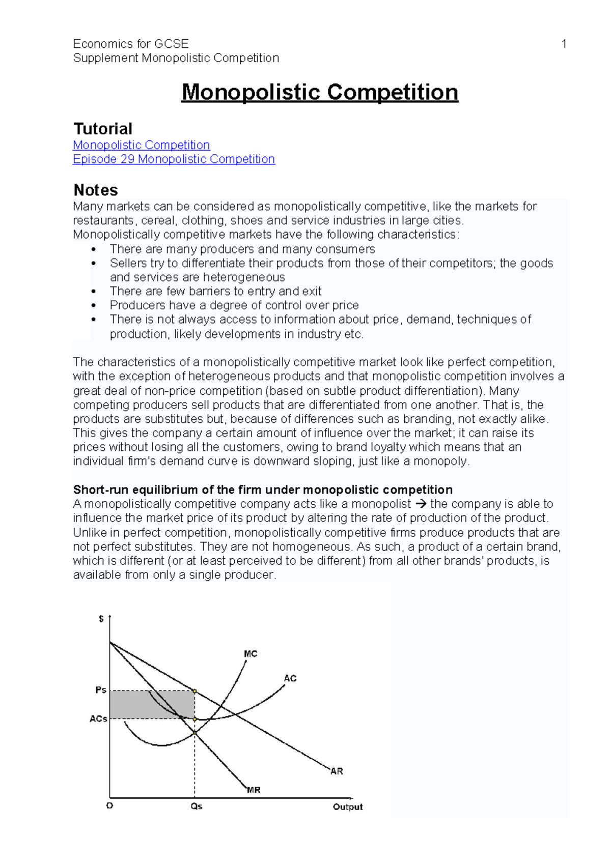 Supplement on Monopolistic Competition Insights and Key Concepts ...