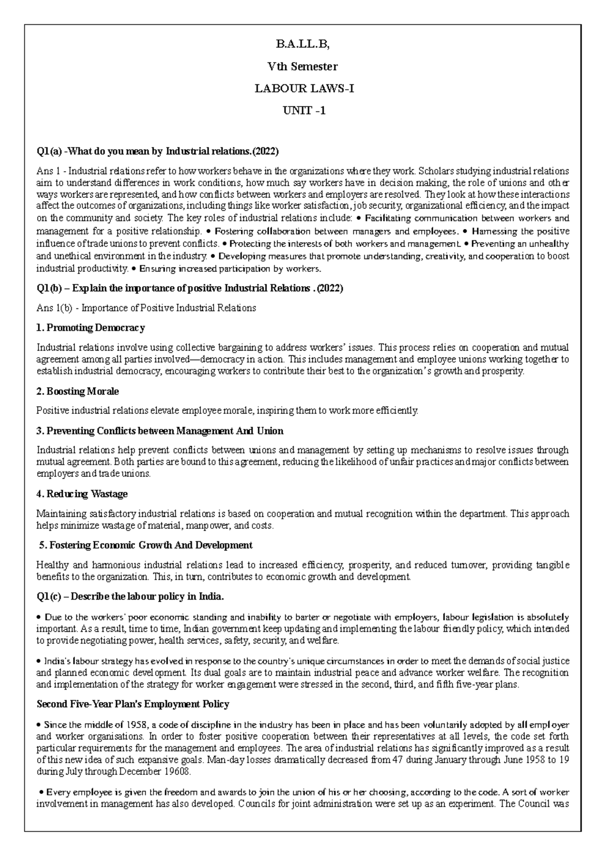 Labour LAW Notes - B.A.LL Vth Sem - Labour Laws-I UNIT 1 Summary - Studocu