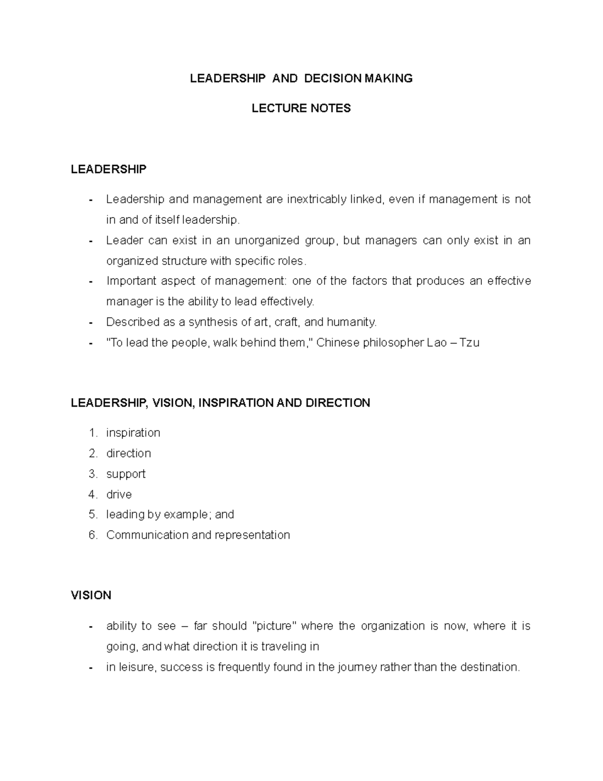Leadership and Decision Making Lecture Notes - Key Concepts Summarized ...